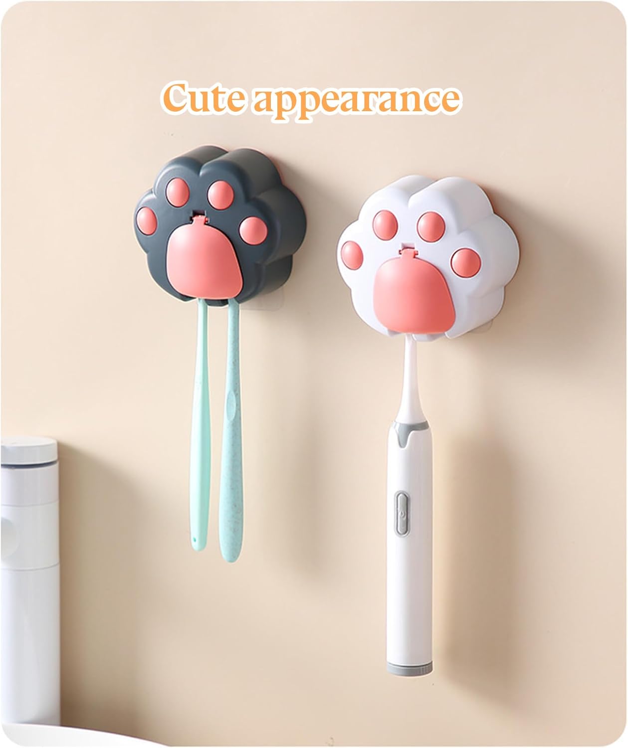 White Pink Cute Cat Paw Kids Toothbrush Holder Wall Mounted with Cover