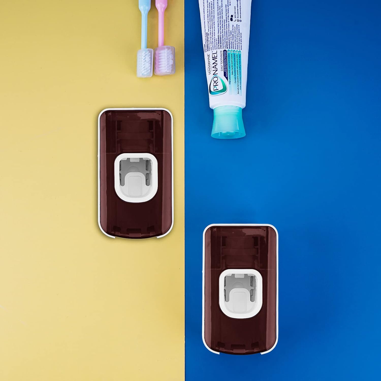 2 Slot Toothbrush Holder and Toothpaste Dispenser Wall Mounted Red