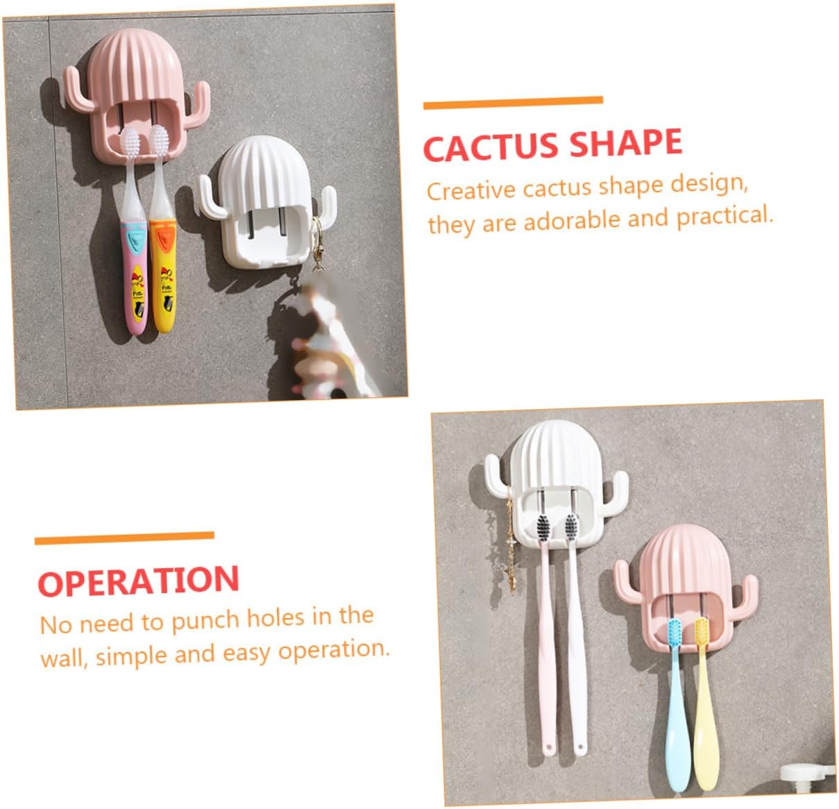 LIFKOME Wall-Mounted Cactus-Shape Toothbrush Towel Holder Pink White
