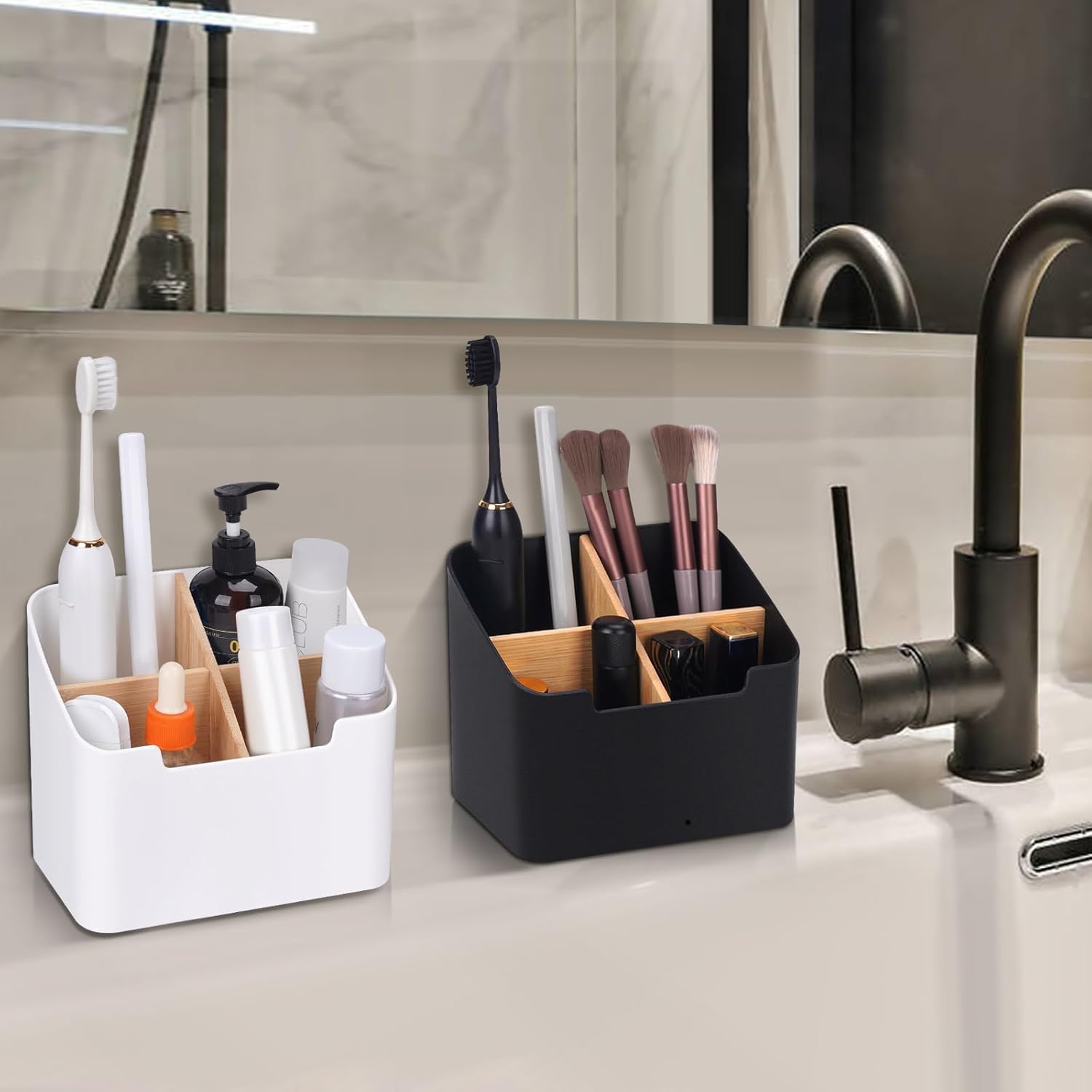 Toothbrush Holder with Divider for Bathroom Countertop Storage Black