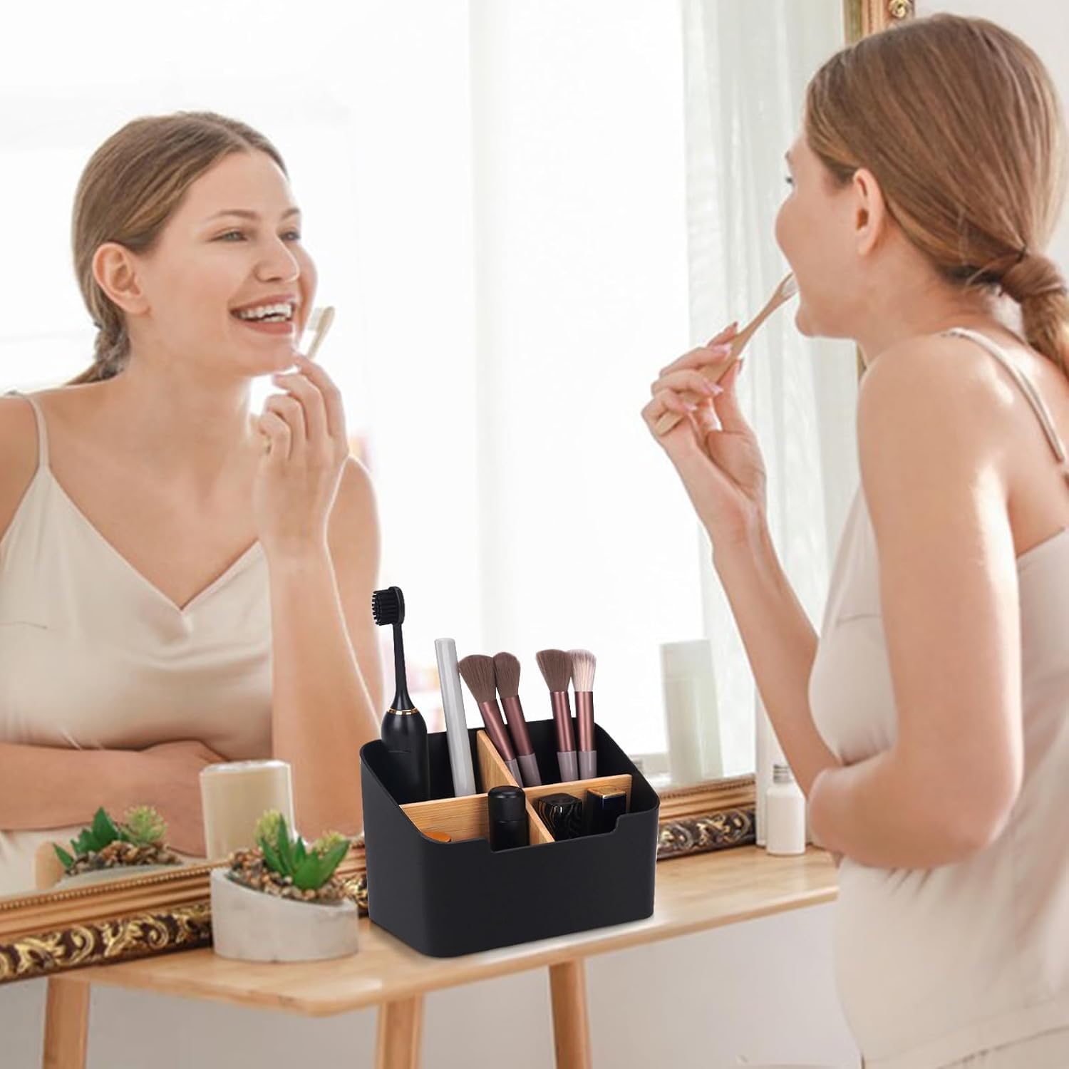Toothbrush Holder with Divider for Bathroom Countertop Storage Black