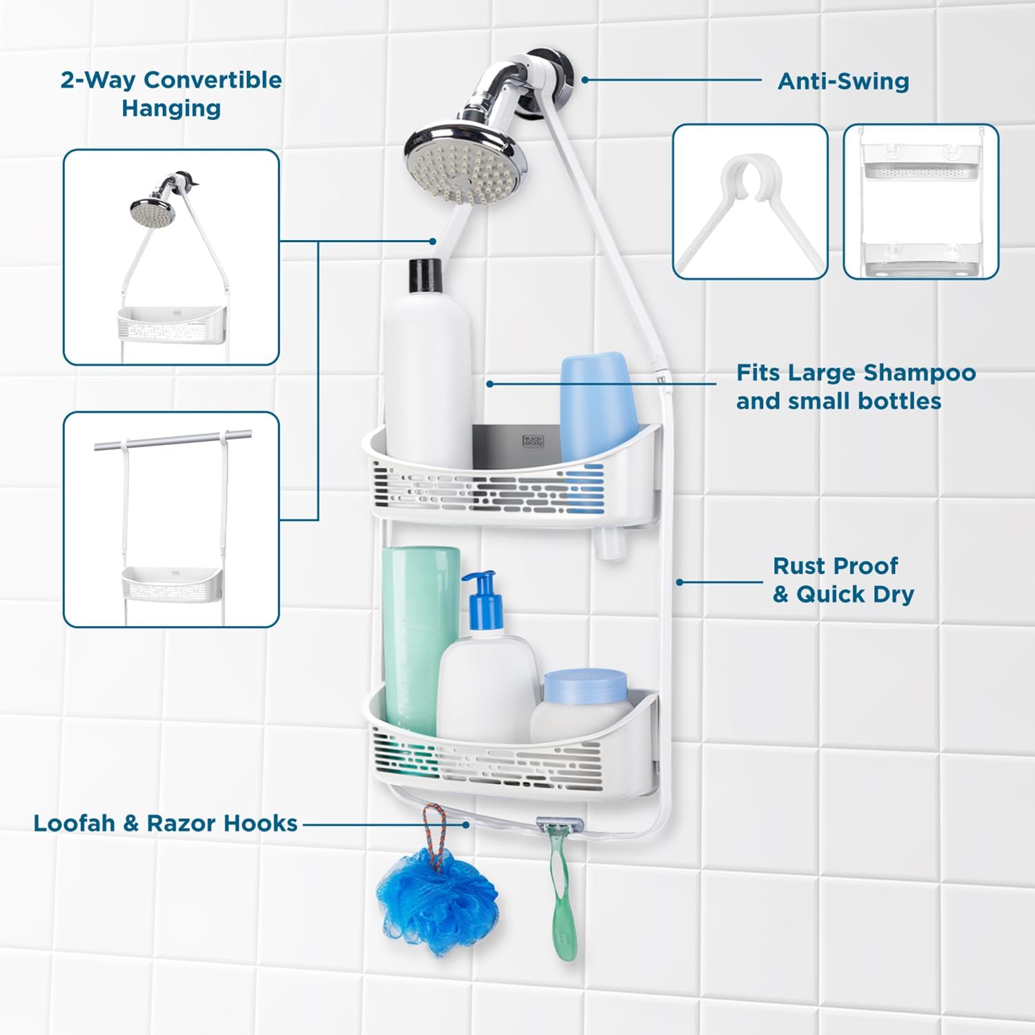 BLACKDECKER 2-Way Convertible Shower Caddy with Hooks and Suction Cups White