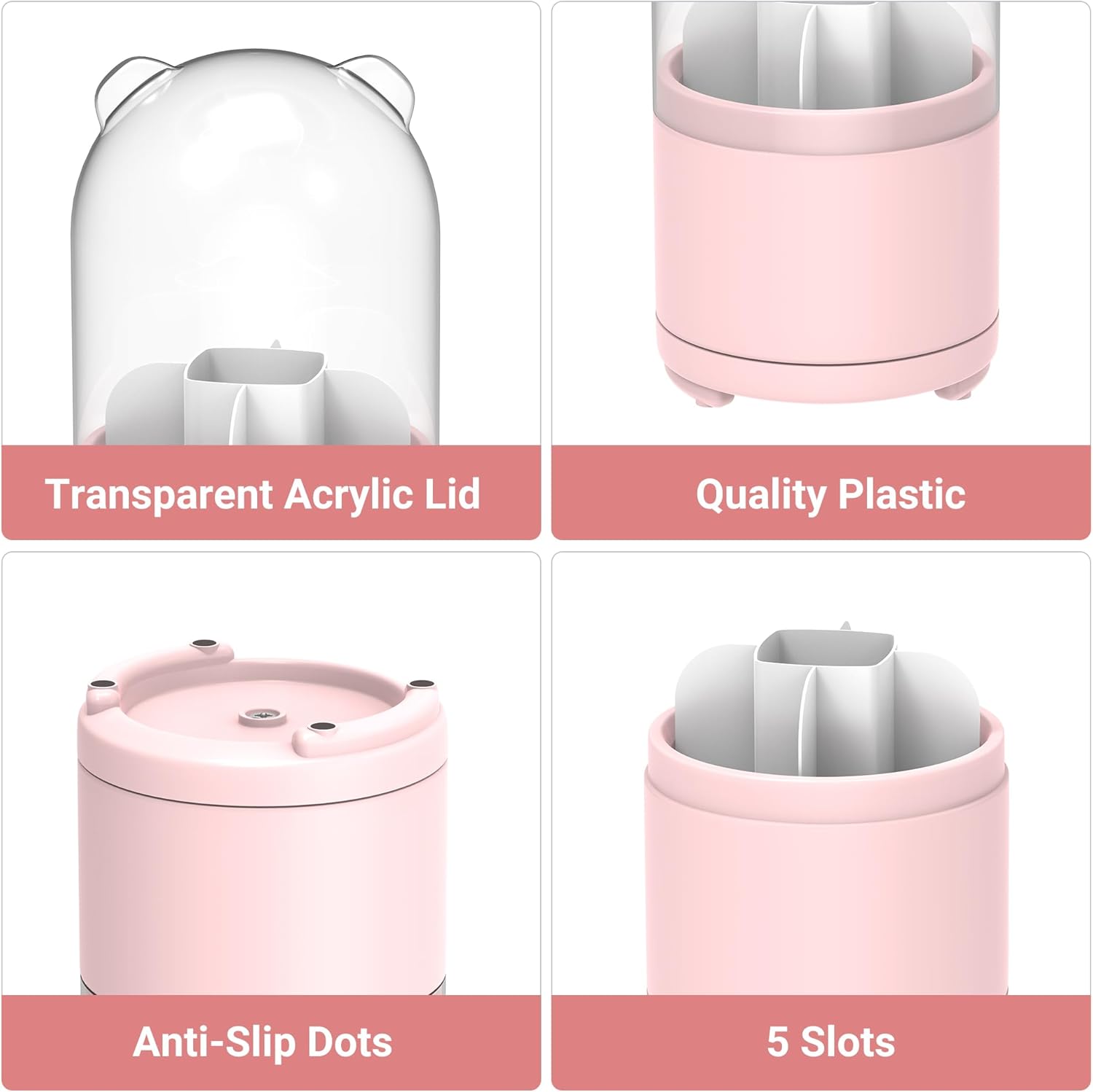 Pink Rotating Toothbrush Holder with Lid for Bathroom