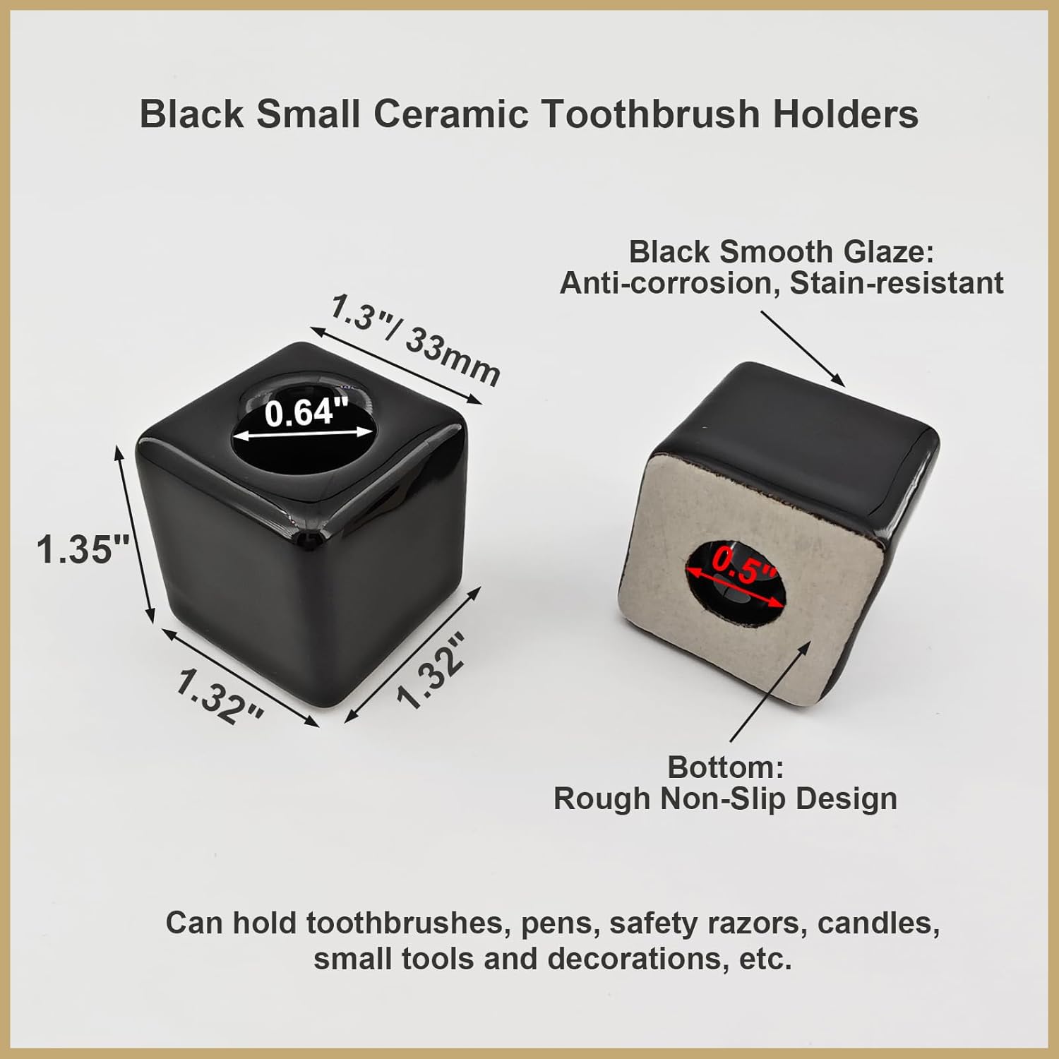 3-Piece Set Small Square Ceramic Toothbrush Holders Black Sleek Glazed