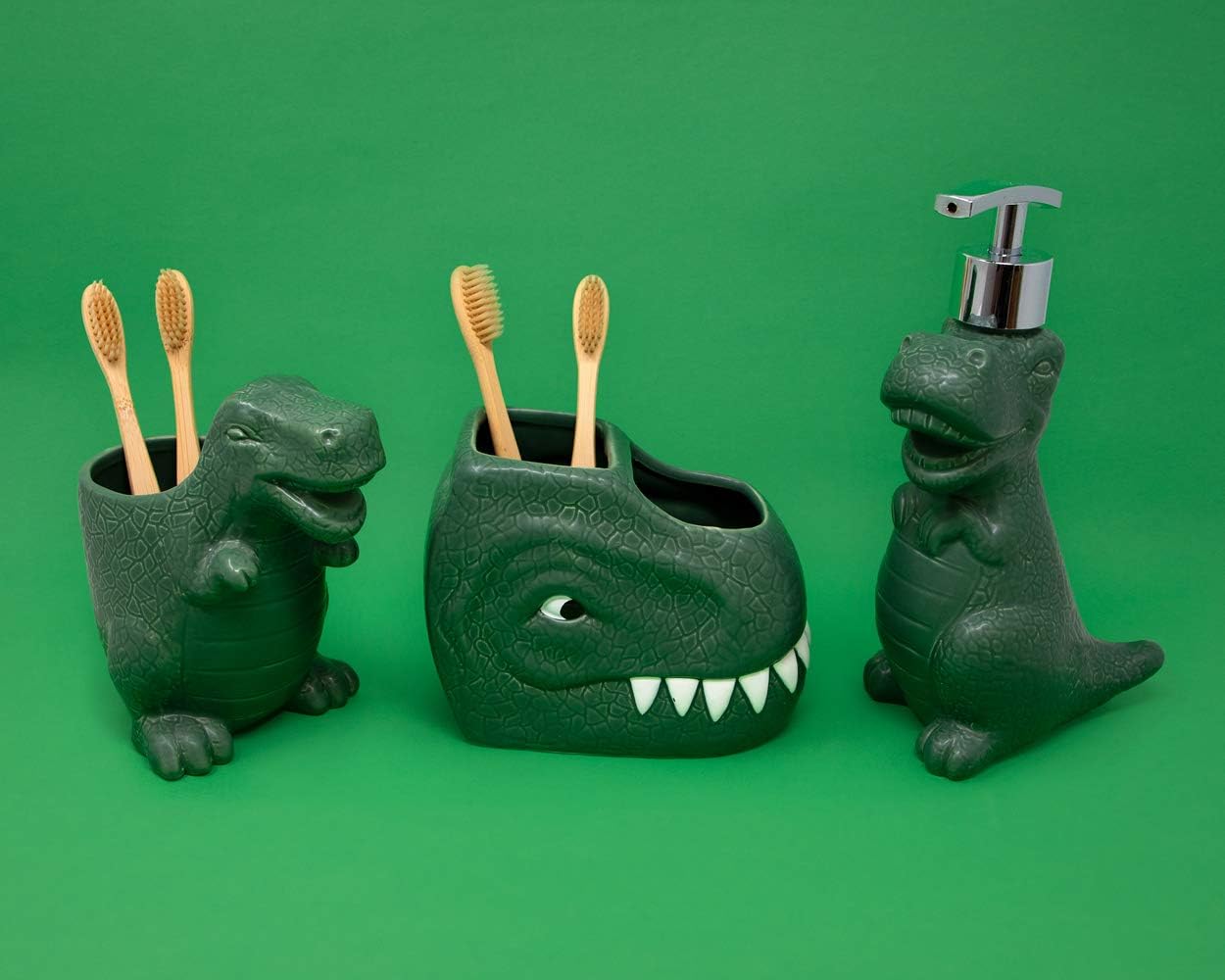 Isaac Jacobs Green Ceramic Dinosaur Dual Compartment Toothbrush Holder