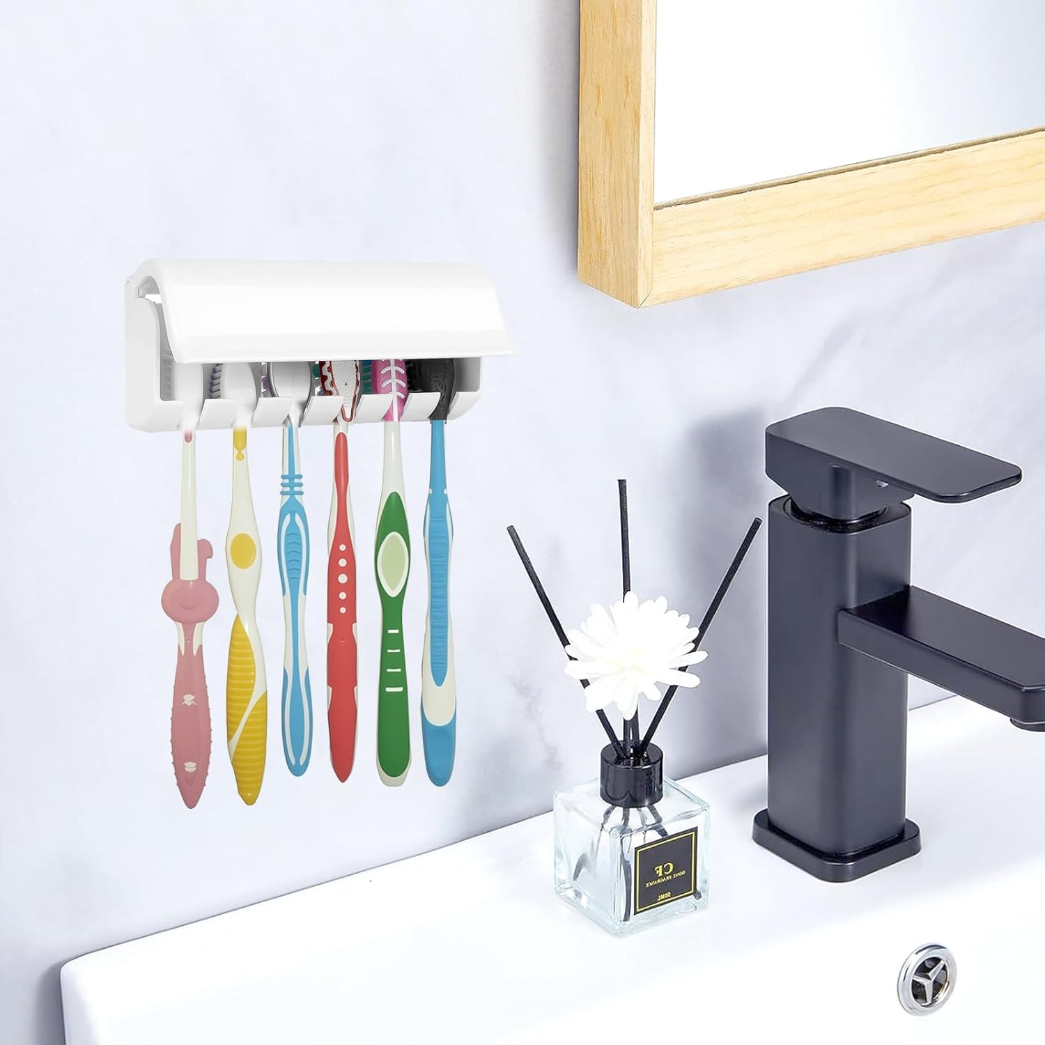 HLGD Toothbrush Holder 6 Slots Wall Mount with Cover