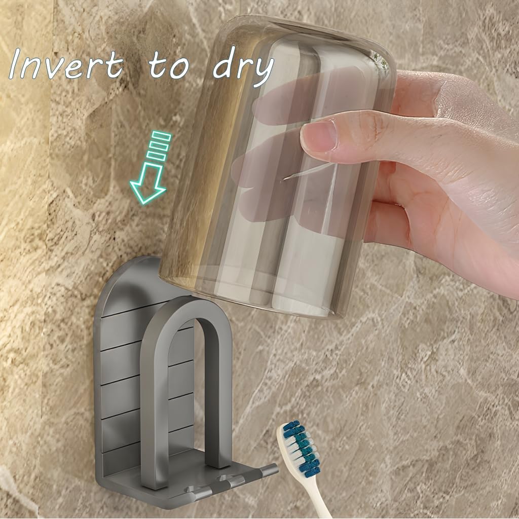 2Pcs Toothbrush Cup Holder Set Bathroom Organizer with Self Adhesive Mount