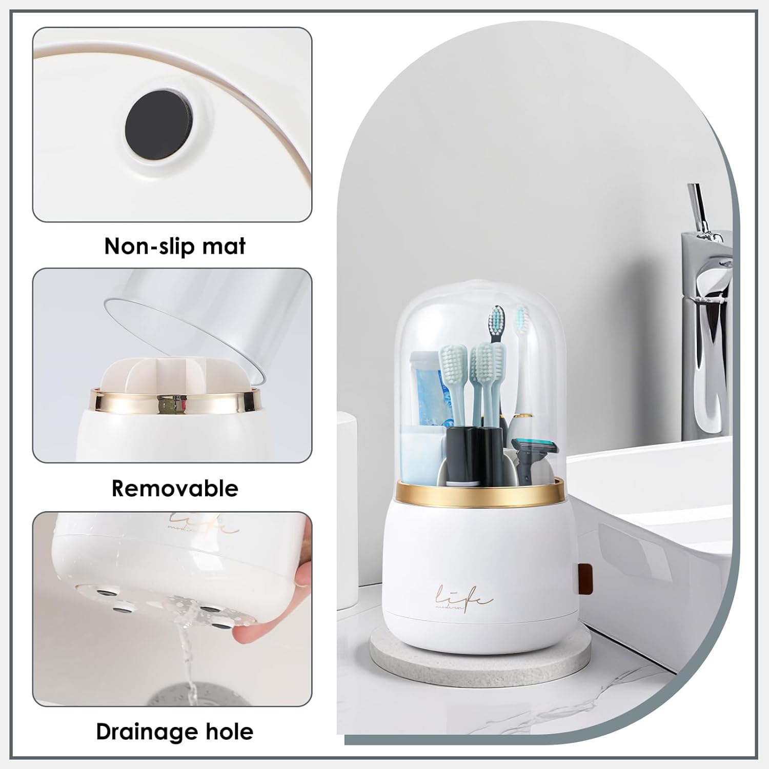 Premium Rotating Toothbrush Holder with Drainage for Space-Saving Storage