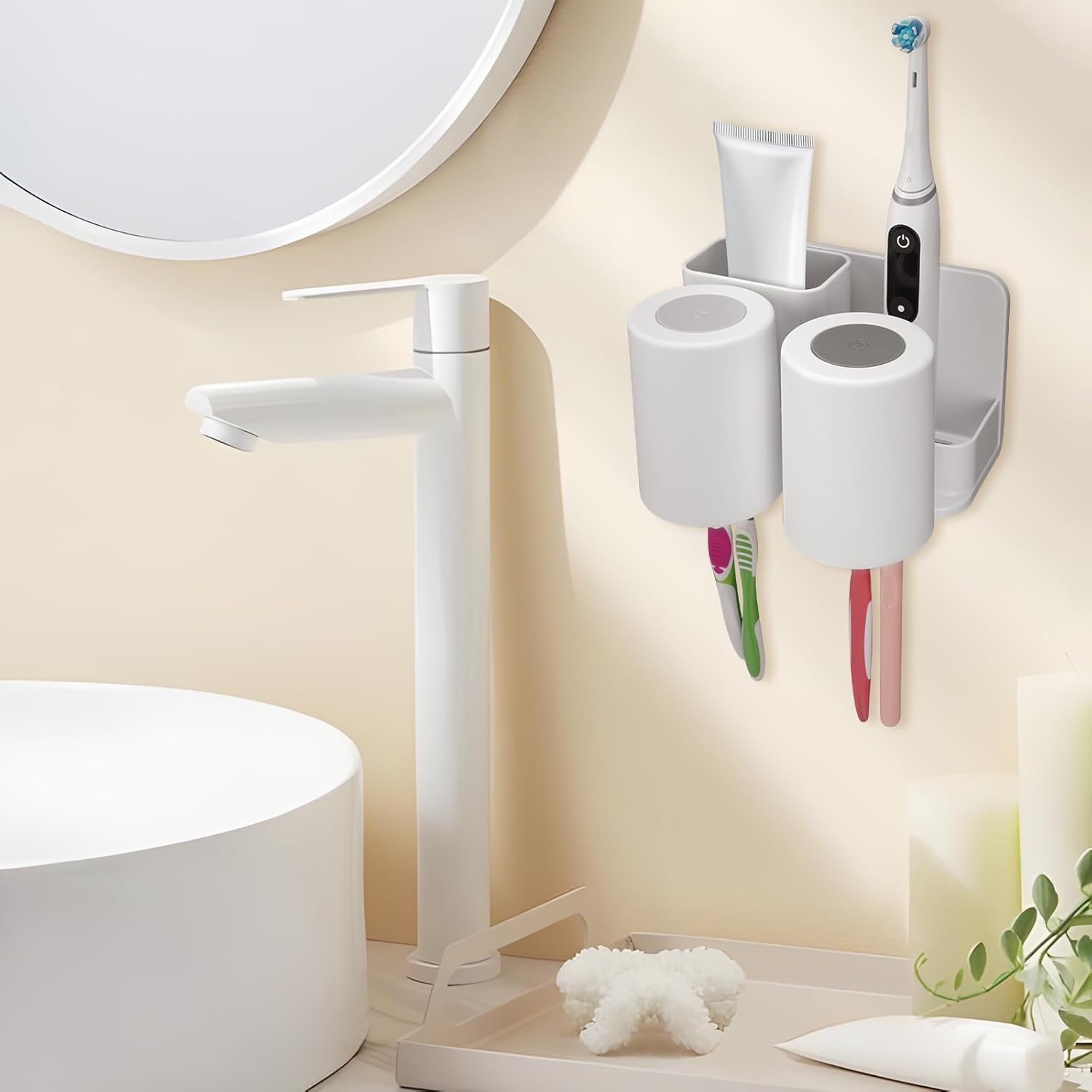 Toothbrush Holder with 2 Slots and Mouthwash Cup Wall Mount