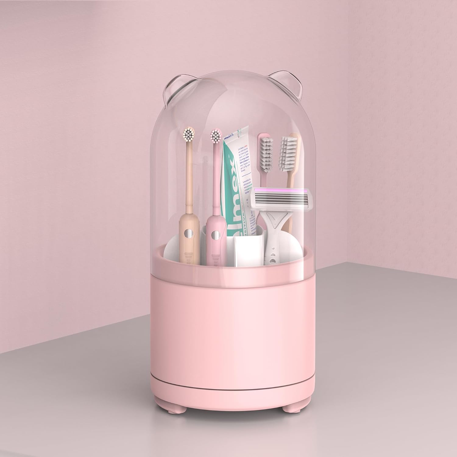 Pink Rotating Toothbrush Holder with Lid for Bathroom