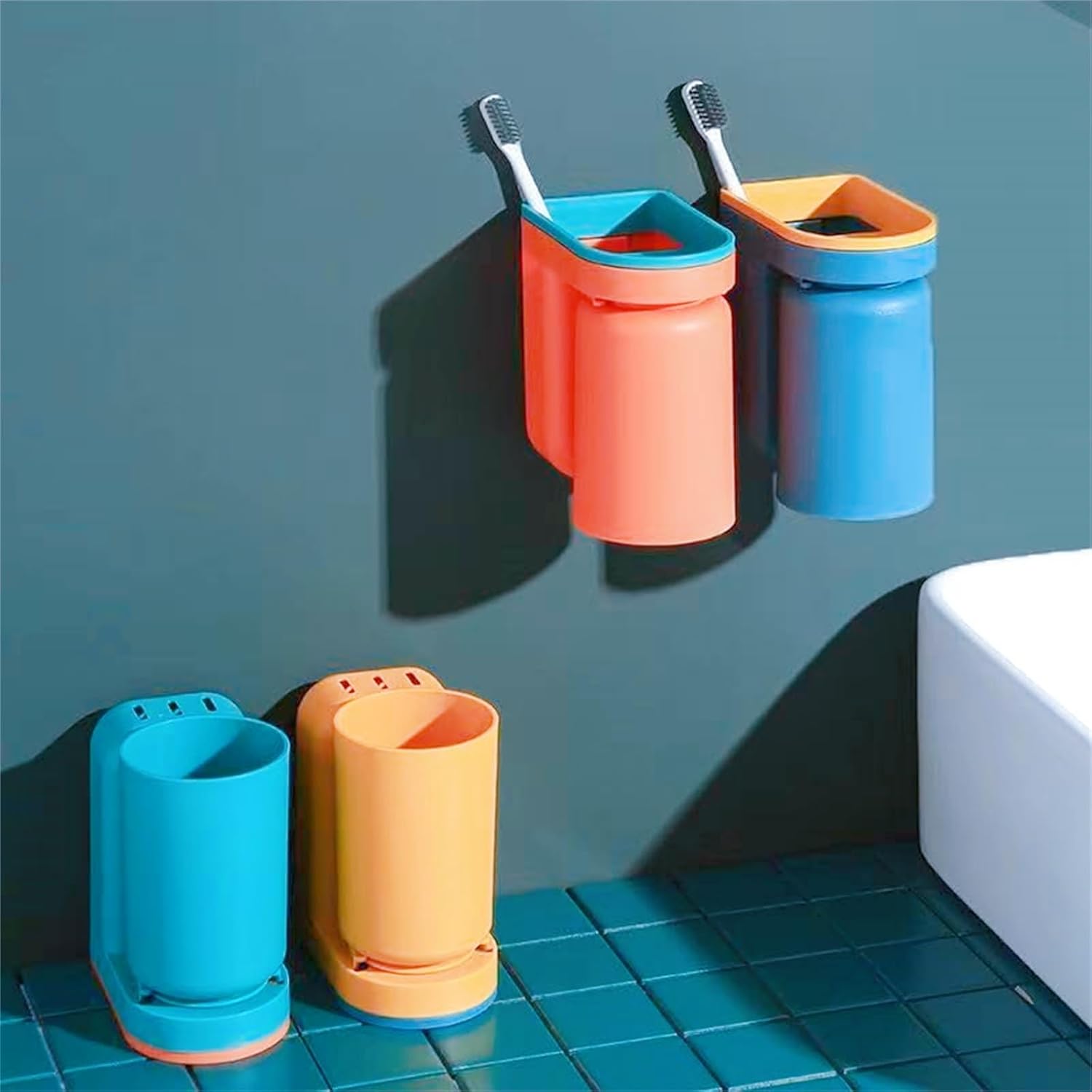 Space Saving 2-in-1 Toothbrush Holder with Cup Orange