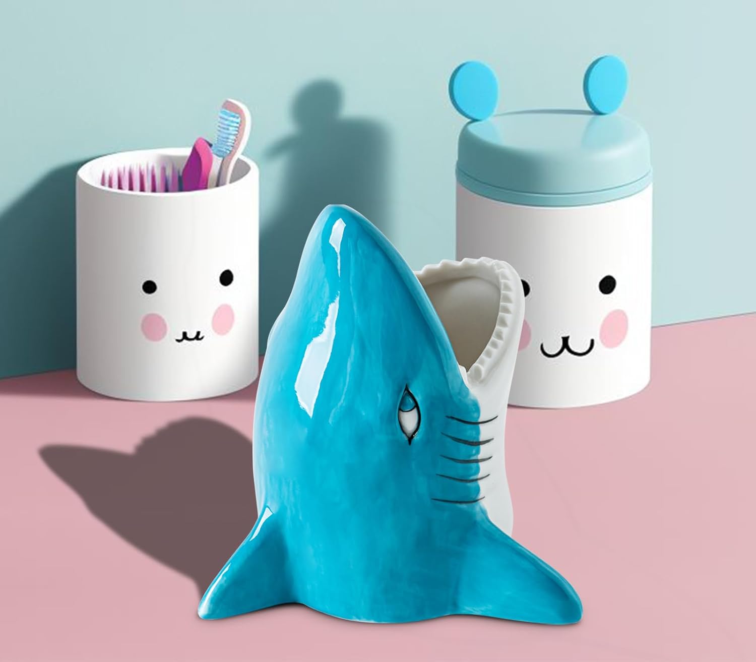 Cute Kid Toothbrush Holder for Kids - Big Mouth Shark Tooth Brush Organizer