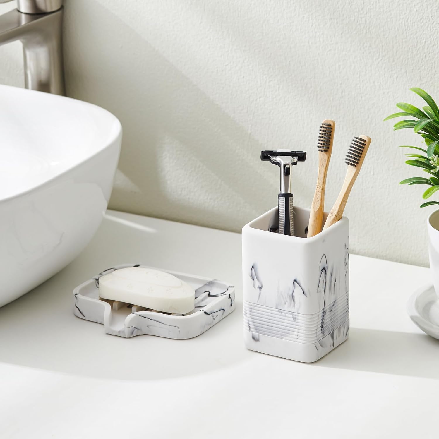 Sturdy Marble-Style Toothbrush Soap Holder Set