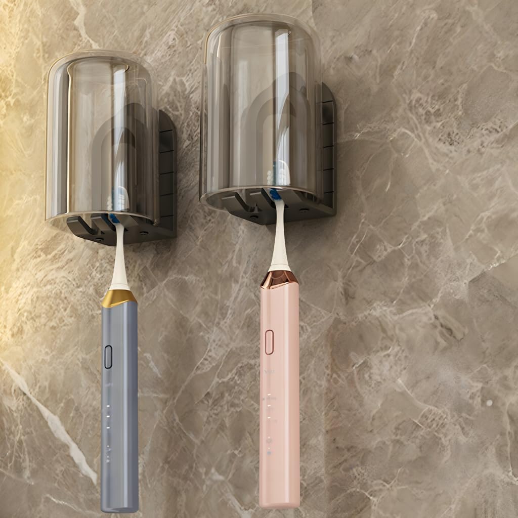 2Pcs Toothbrush Cup Holder Set Bathroom Organizer with Self Adhesive Mount