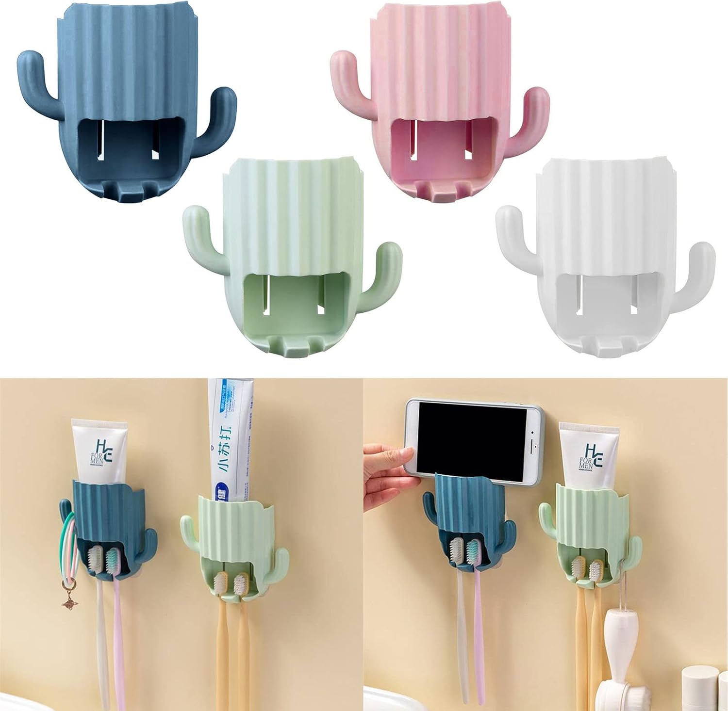 DRAGONRUN Cactus Toothbrush Toothpaste Holder Rack Bathroom Organizer for Kids Adults Green