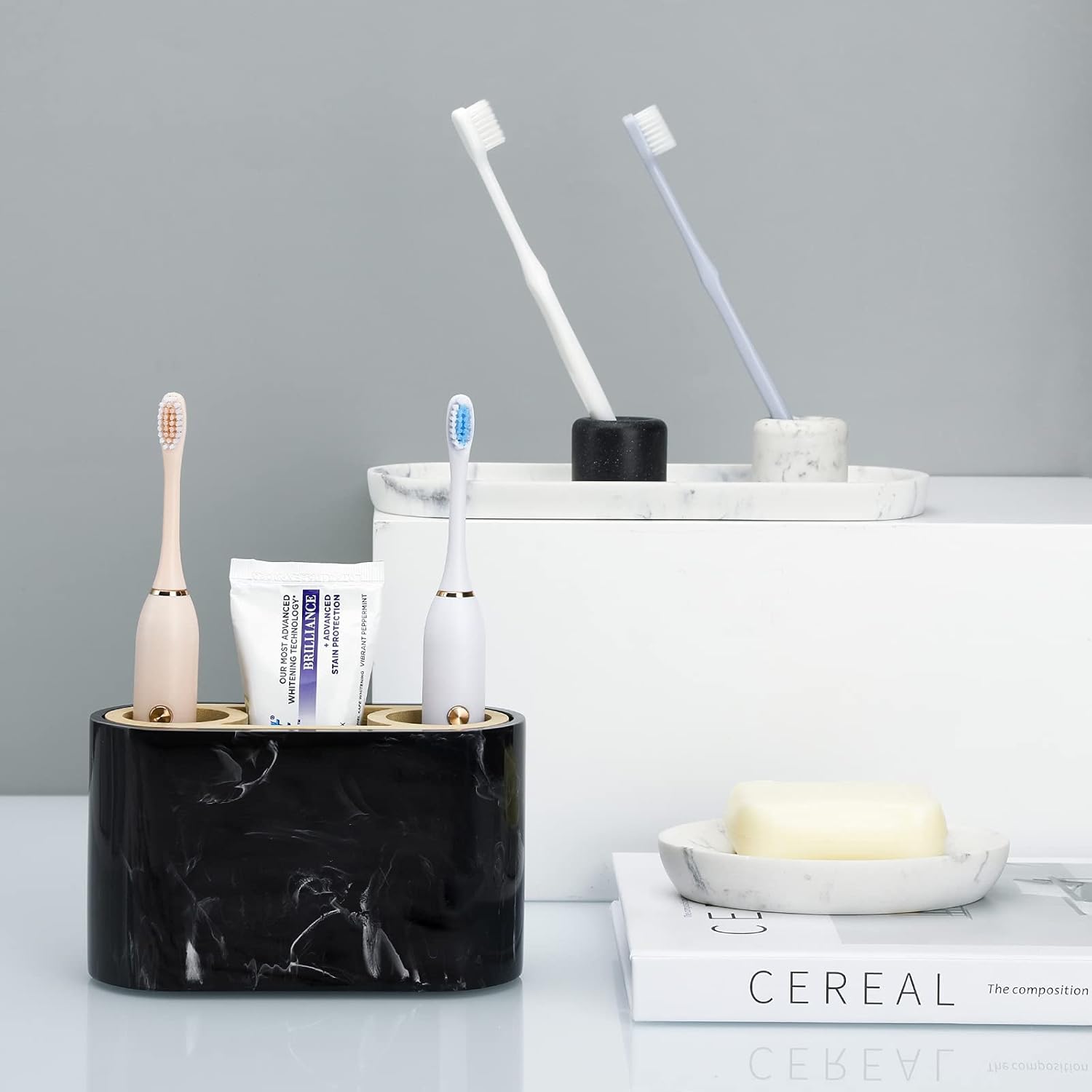 Shinowa Toothbrush Holder with Drainage Marble and Bamboo Design