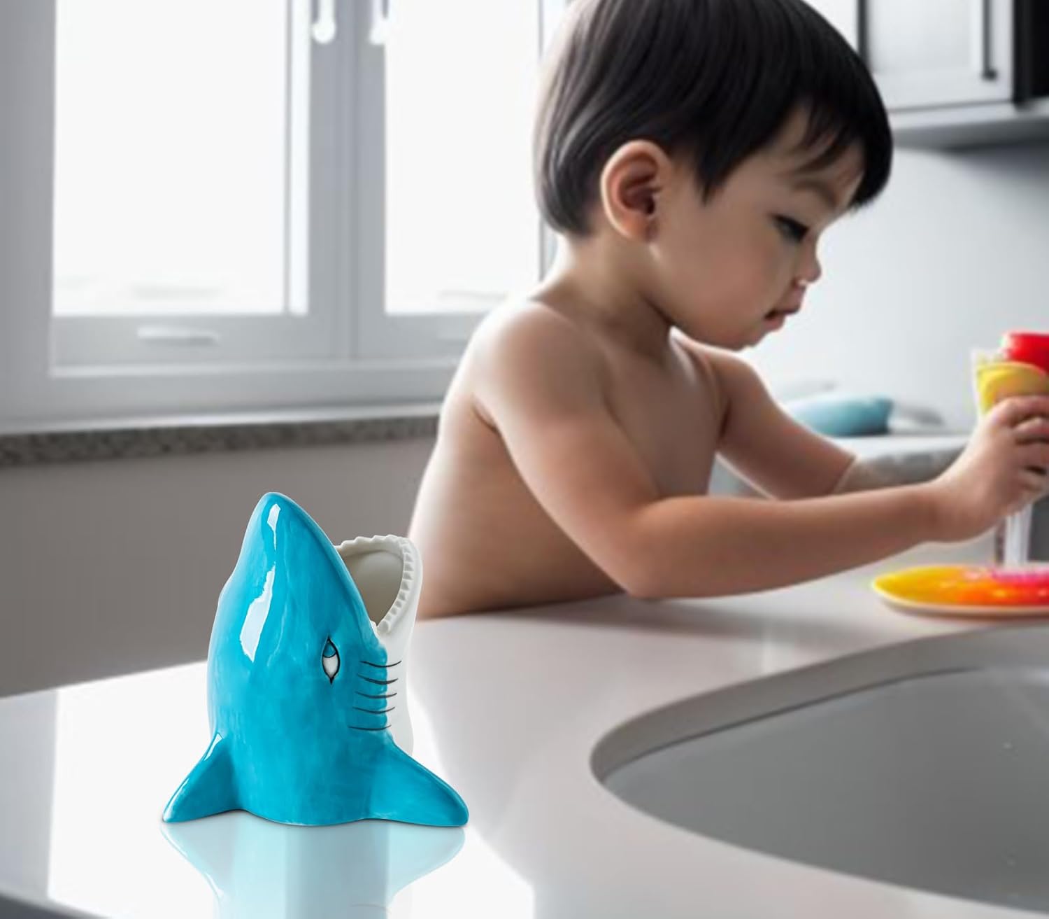 Cute Kid Toothbrush Holder for Kids - Big Mouth Shark Tooth Brush Organizer