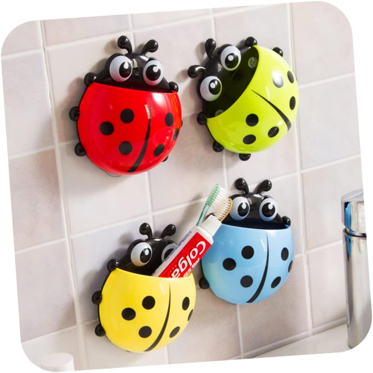 Cartoon Ladybug Toothbrush Holder Suction Cup Wall Mount Bathroom Decor