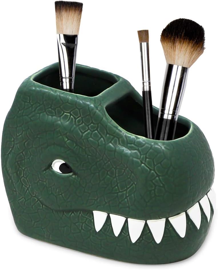 Isaac Jacobs Green Ceramic Dinosaur Dual Compartment Toothbrush Holder