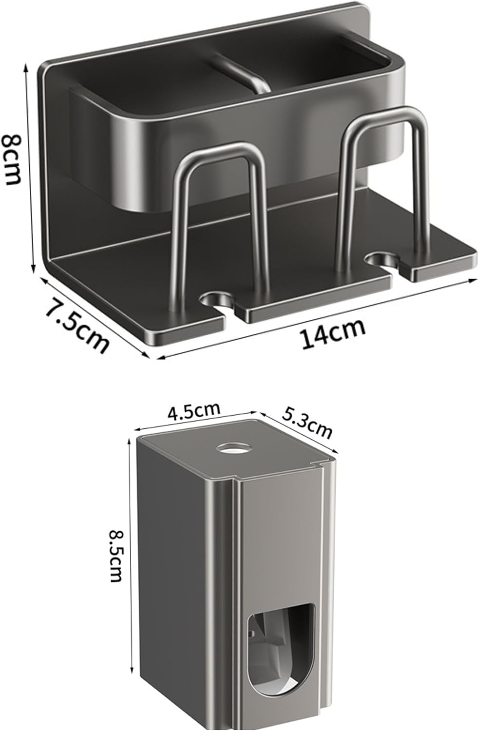 Wall Mounted Holder Set with 2 Cups and Cosmetic Organizer Dark Grey