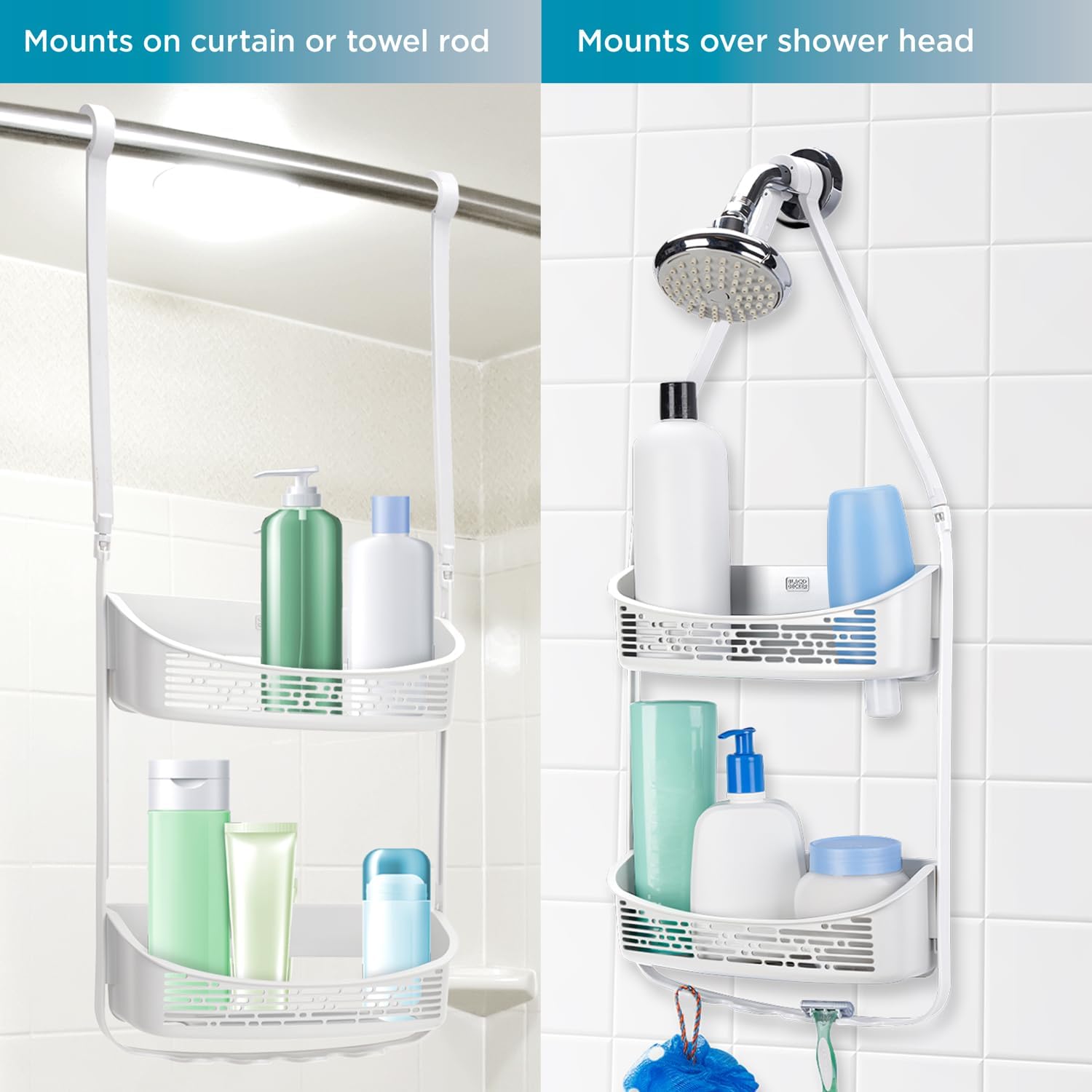 BLACKDECKER 2-Way Convertible Shower Caddy with Hooks and Suction Cups White