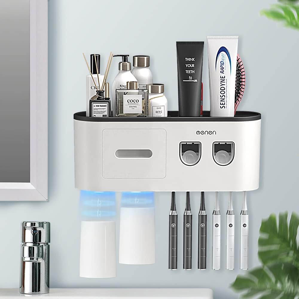 Toothbrush Holder with 2 Automatic Toothpaste Dispensers and 6 Brush Slots