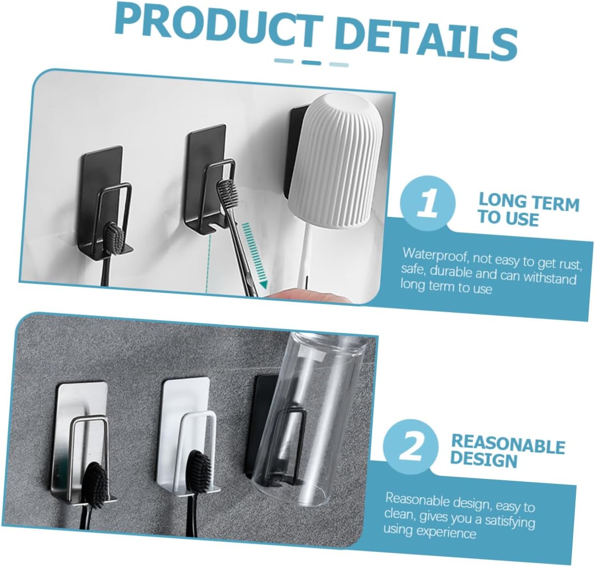 2-Piece Wall Adhesive Toothbrush Holder Stainless Steel Surface for Easy Cleaning