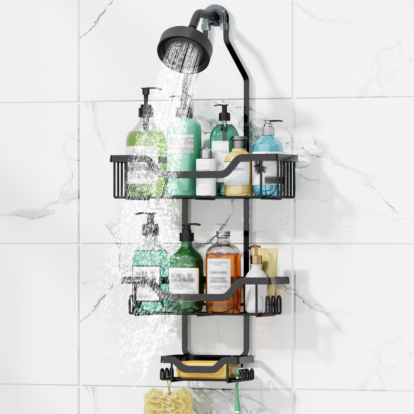 GAOKASE 3 Tier Shower Caddy with Baskets and Hooks - Black