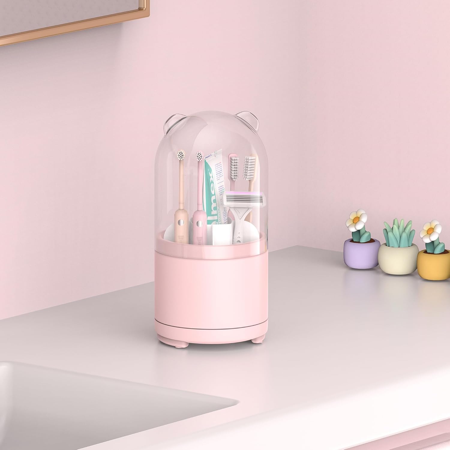 Pink Rotating Toothbrush Holder with Lid for Bathroom