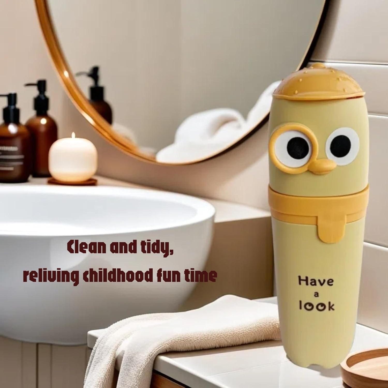 Cutie Cartoon Eyes Toothbrush Holder Mug 2-Pack Yellow Green