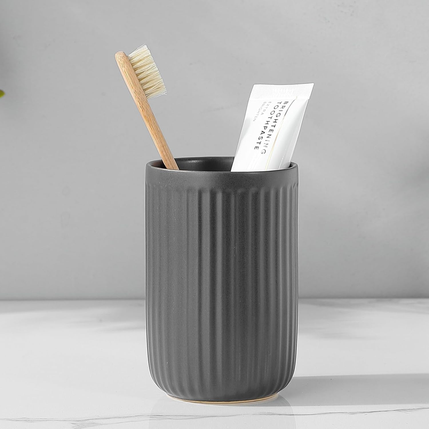 Matte Grey Ceramic Toothbrush Holder Set