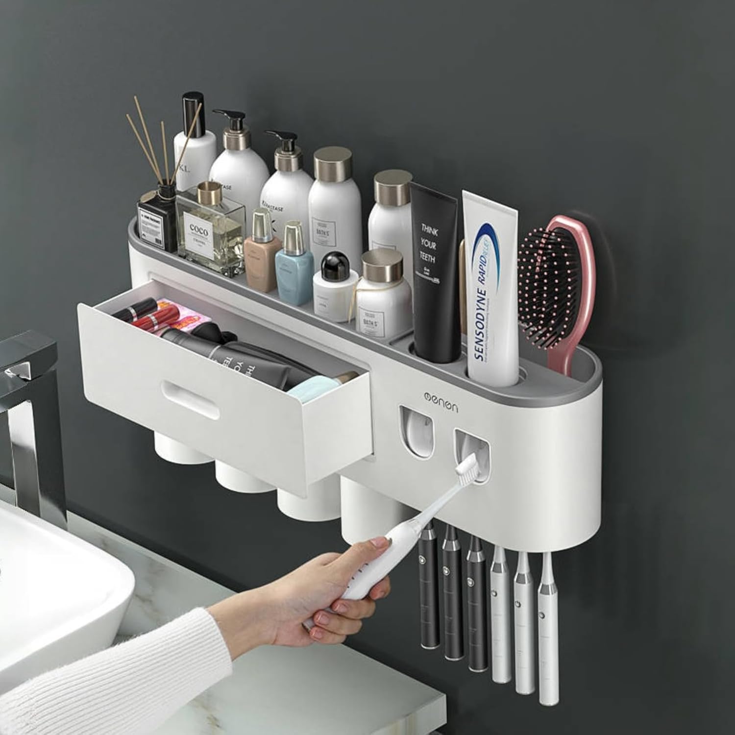 No-Drill Wall Mounted Toothbrush Holder with Automatic Dispenser