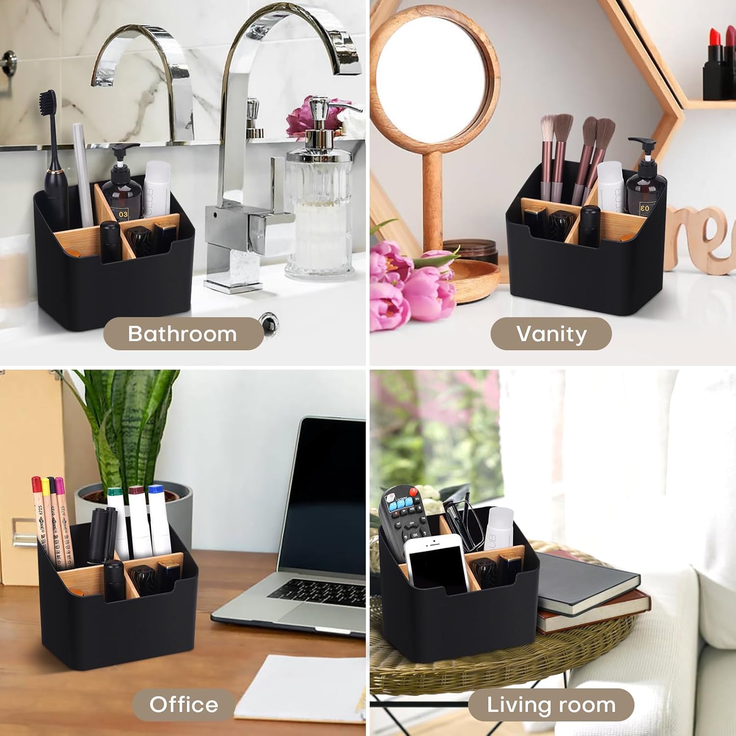 Toothbrush Holder with Divider for Bathroom Countertop Storage Black