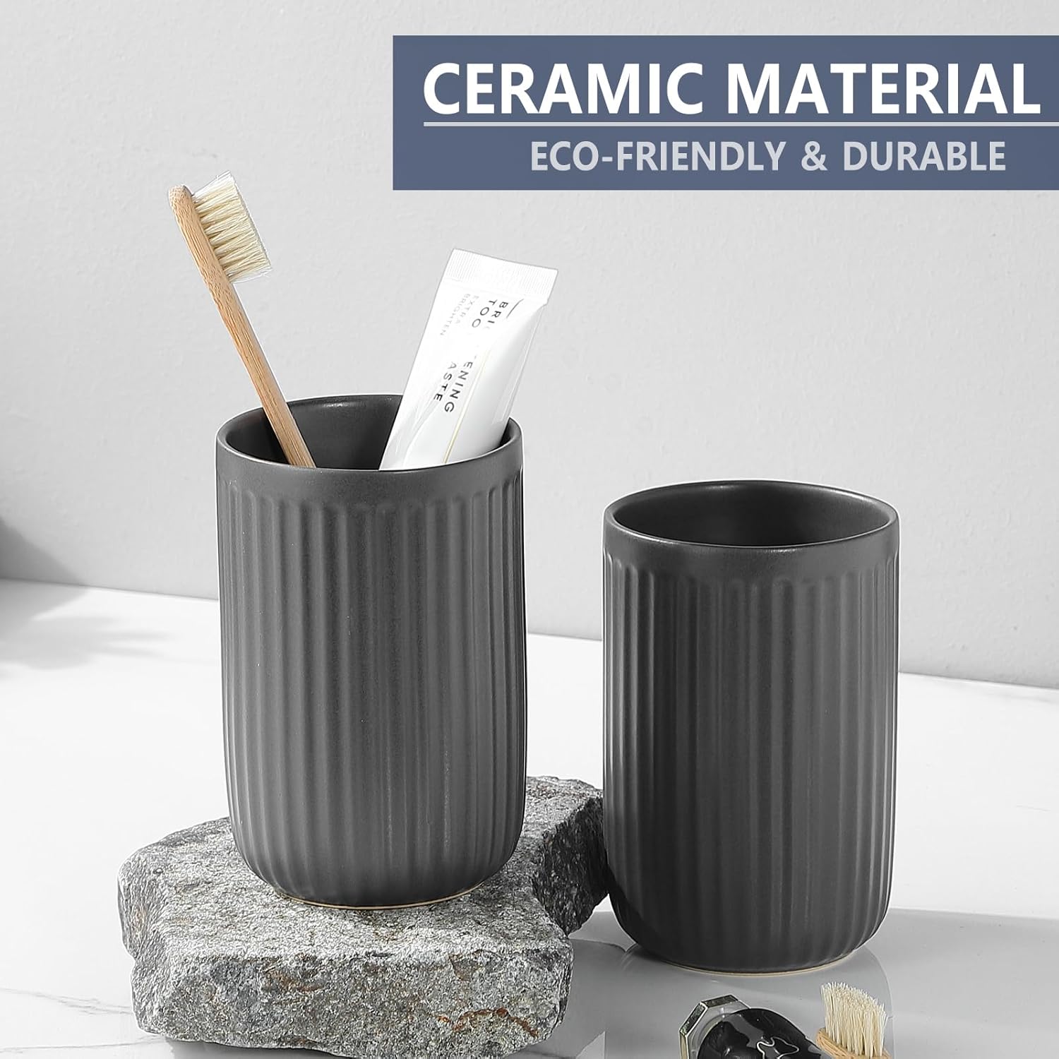 Matte Grey Ceramic Toothbrush Holder Set