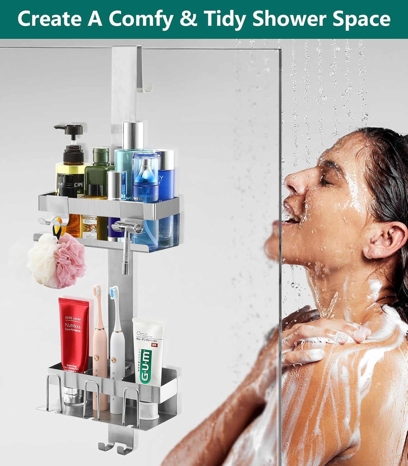 2 Tier Over The Door Shower Caddy with Hooks and Baskets