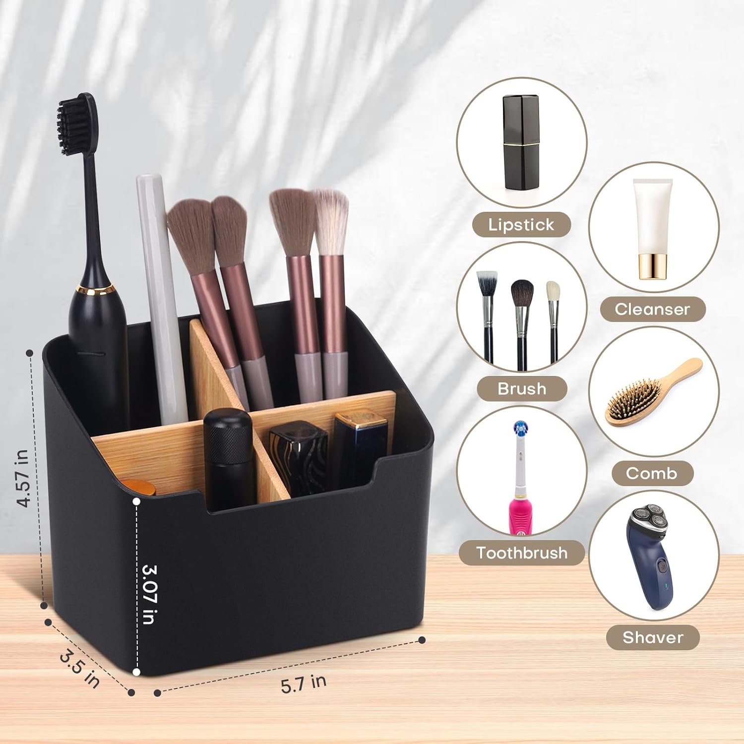 Toothbrush Holder with Divider for Bathroom Countertop Storage Black