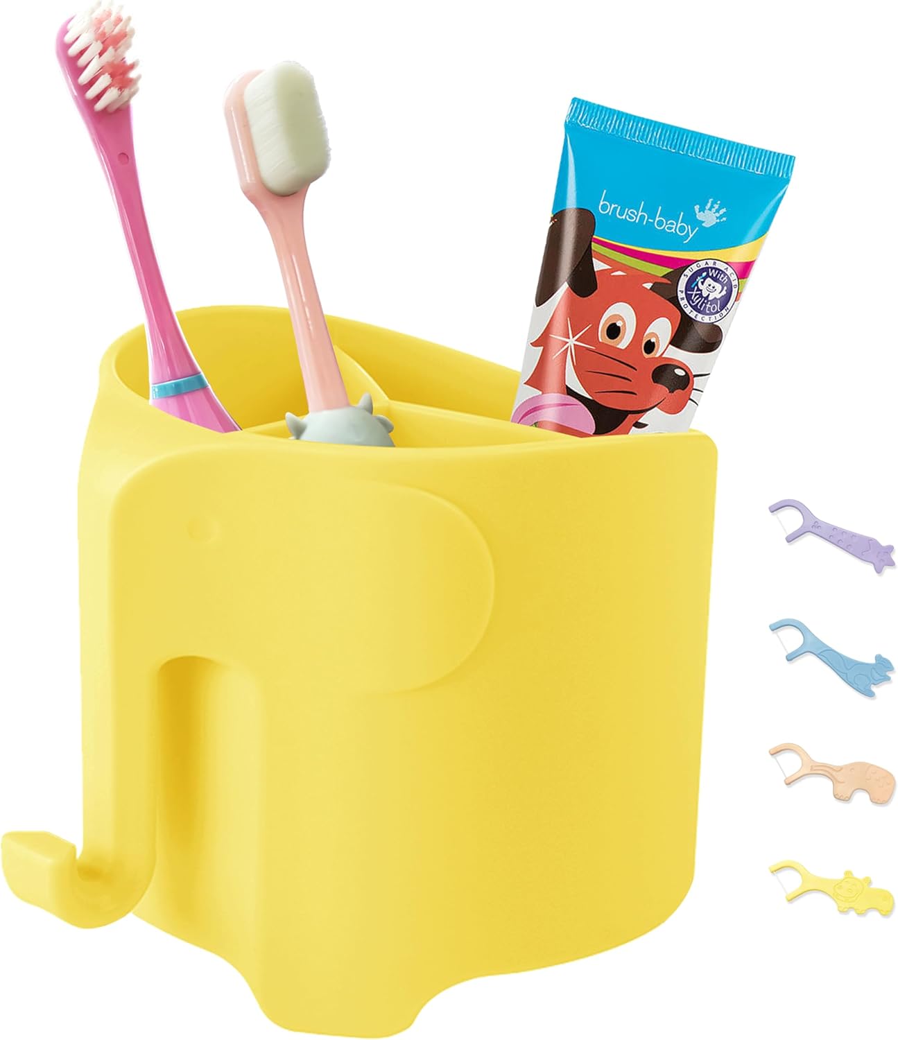 Organizing Kids Toothbrushes in a Funny Elephant Style Holder Yellow
