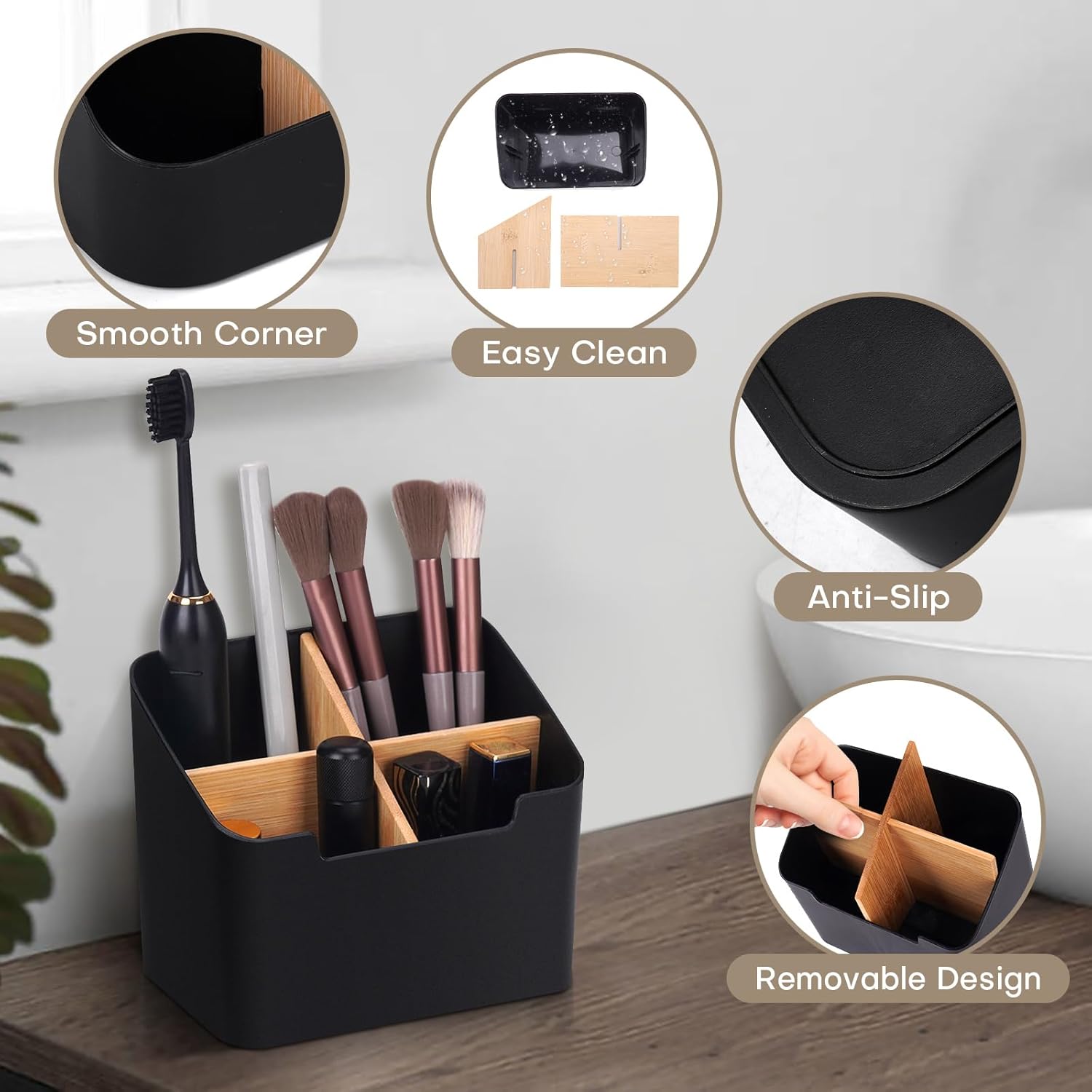 Toothbrush Holder with Divider for Bathroom Countertop Storage Black