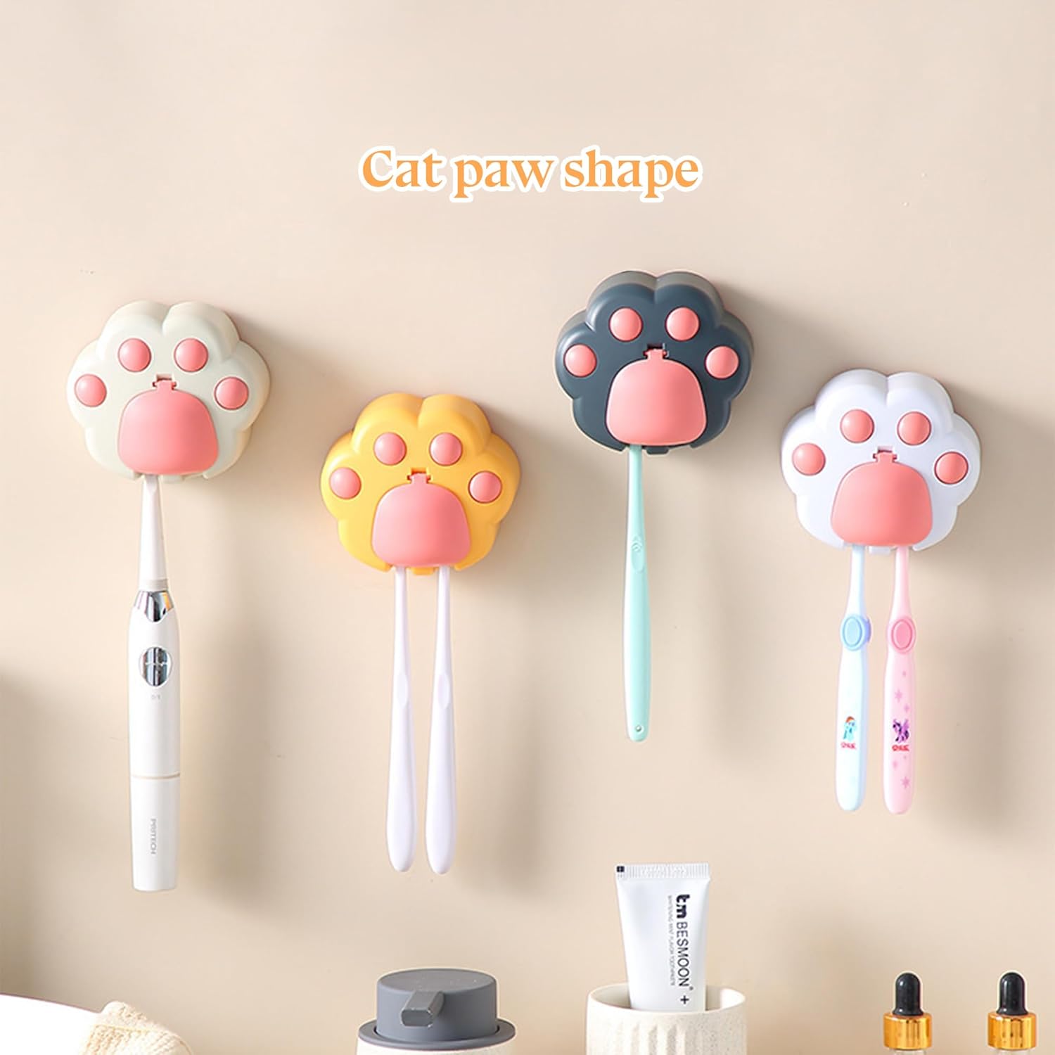 White Pink Cute Cat Paw Kids Toothbrush Holder Wall Mounted with Cover