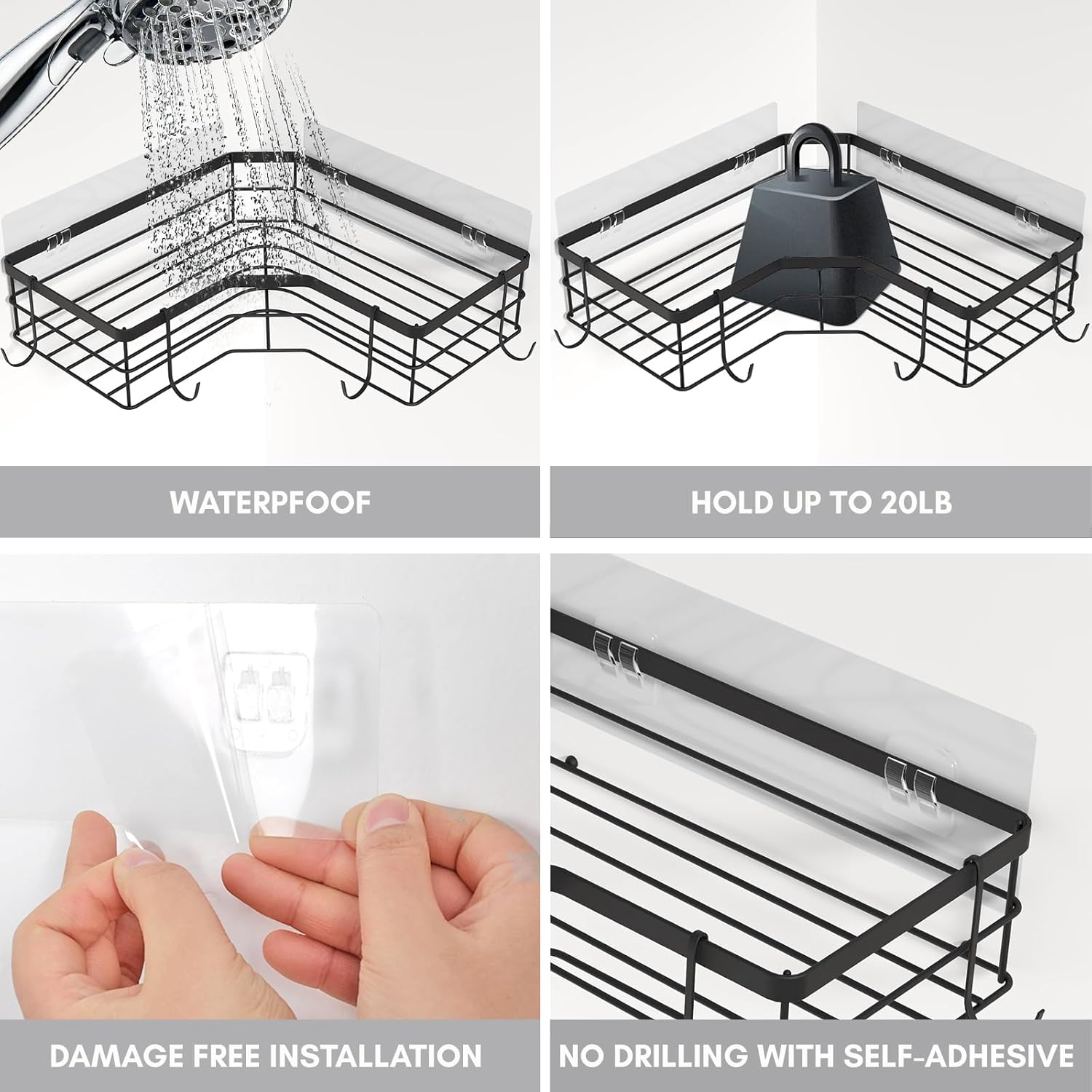 4-Pack Folding Showers Organizers Black No Drilling Durable