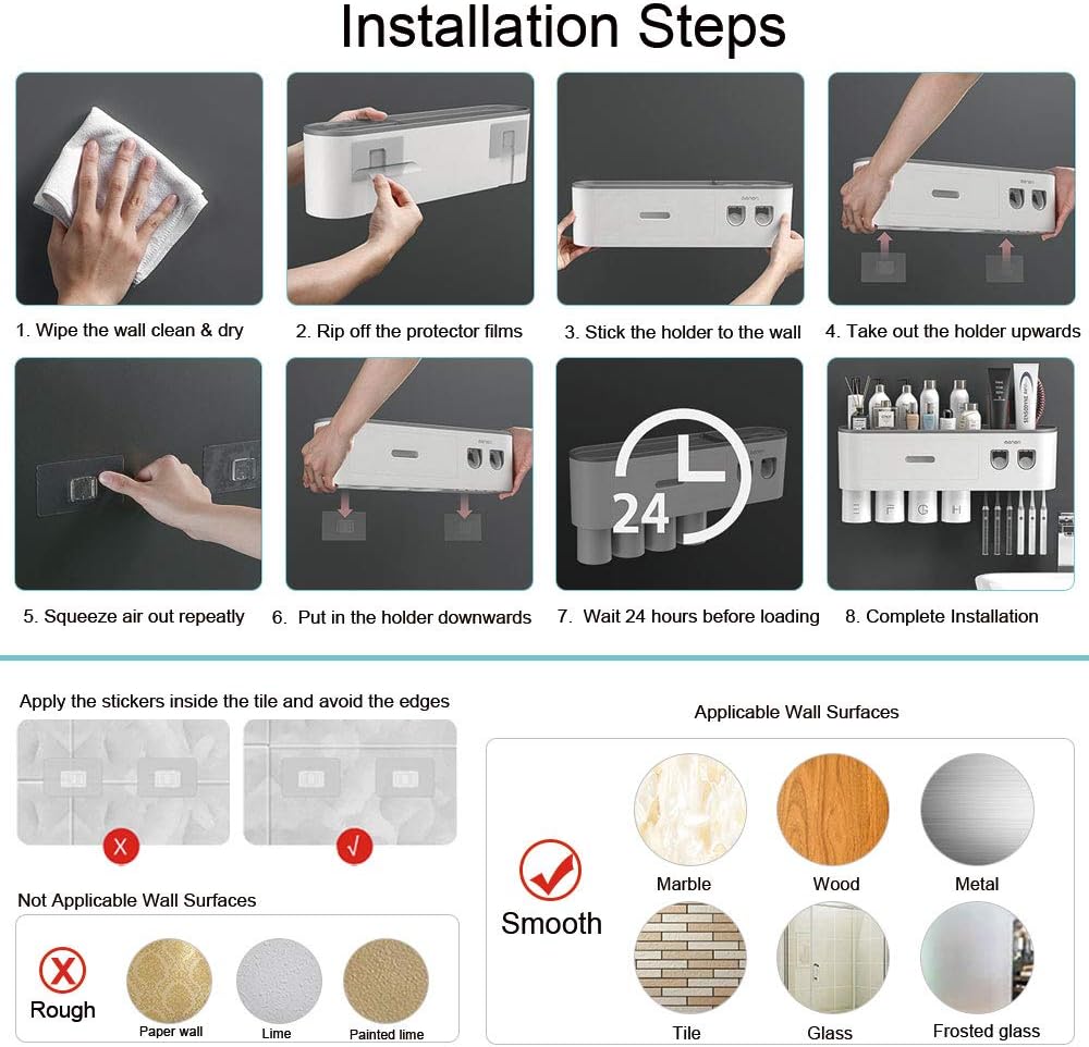 Toothbrush Holder with 2 Automatic Toothpaste Dispensers and 6 Brush Slots