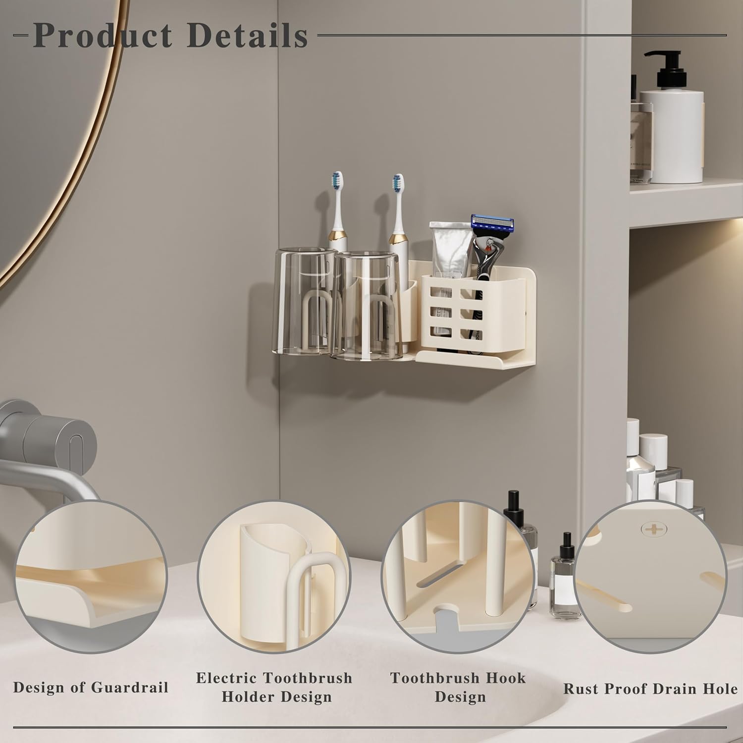 Sturdy Wall-Mounted Toothbrush Holder Easy to Use with 2 Cups