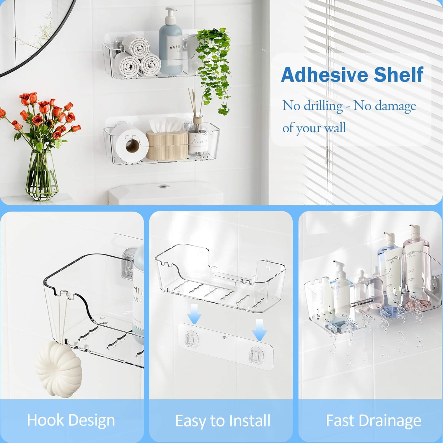 TZAMLI Acrylic Shower Caddy with Wall Mount Adhesive Shelves