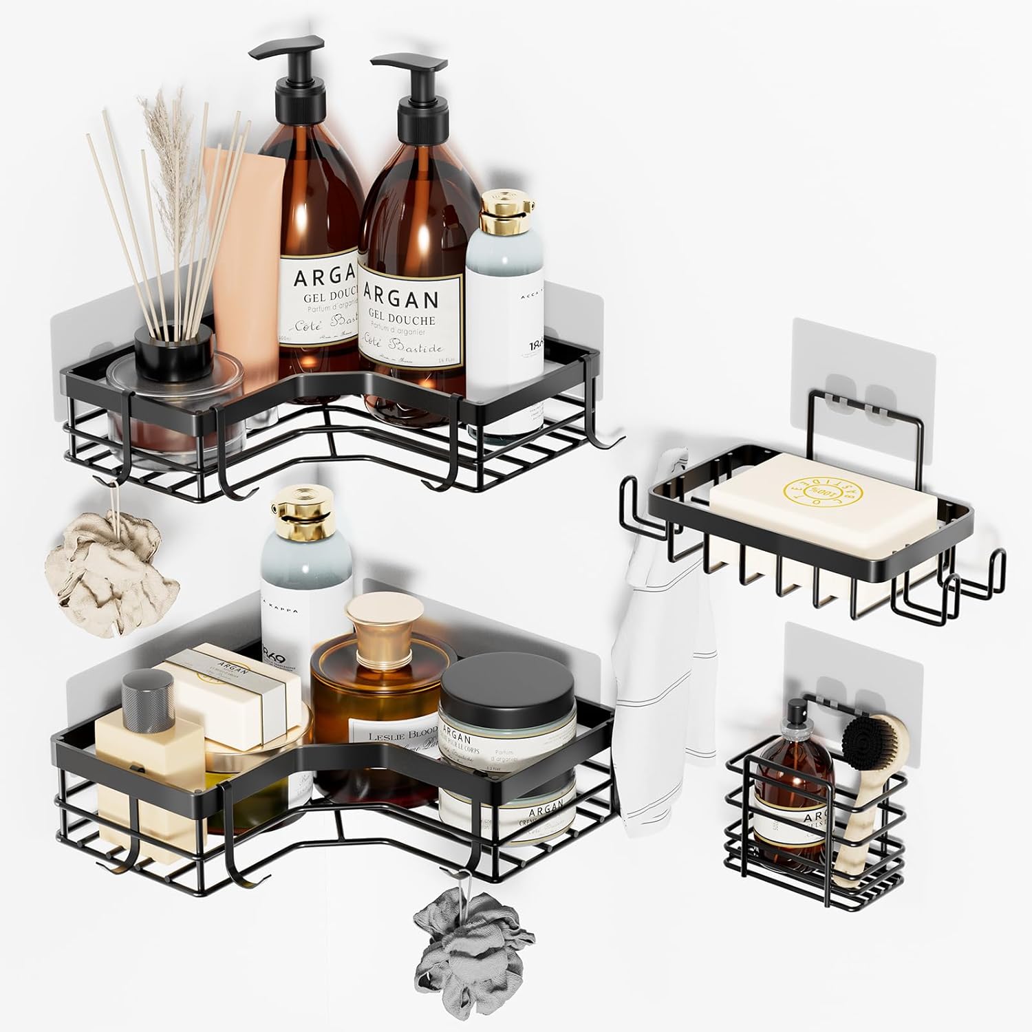4-Pack Folding Showers Organizers Black No Drilling Durable