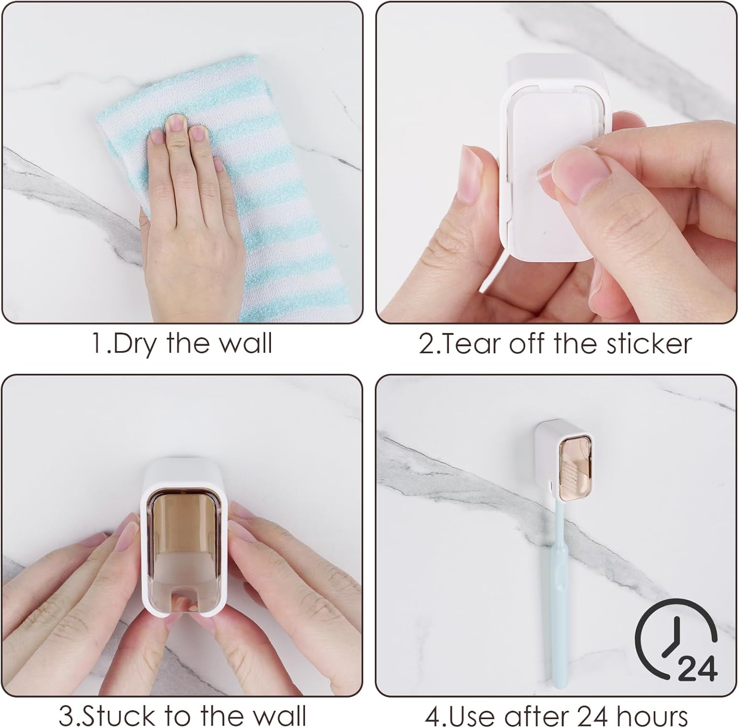 4 Pack Wall Mount Toothbrush Holders with Cover and Self Adhesive Design