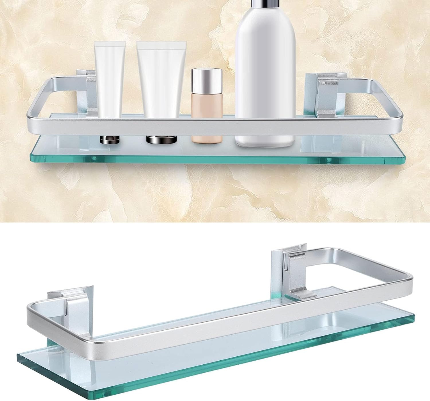 Aluminum Shower Shelf with Thick Glass Organizer for Bathroom