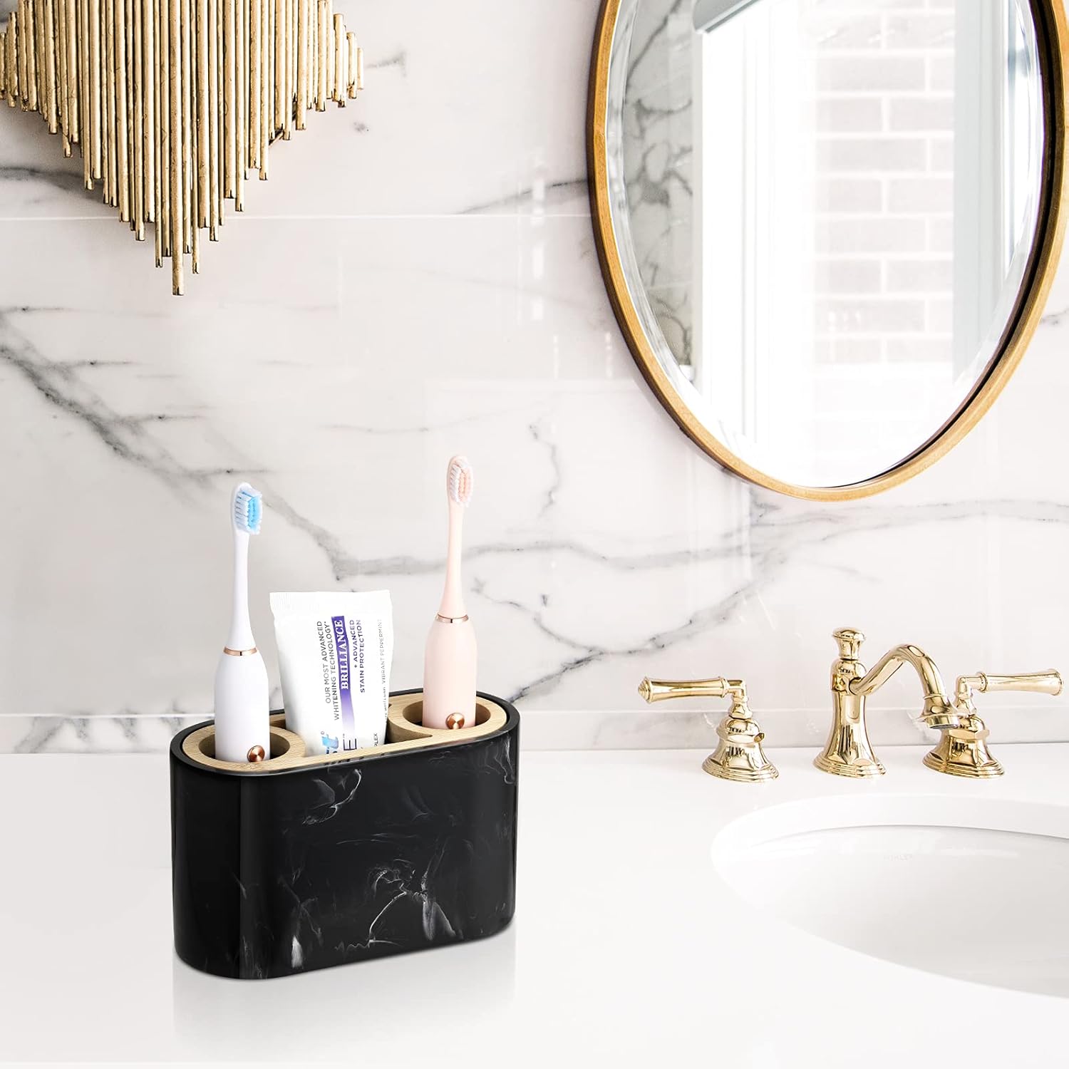 Shinowa Toothbrush Holder with Drainage Marble and Bamboo Design