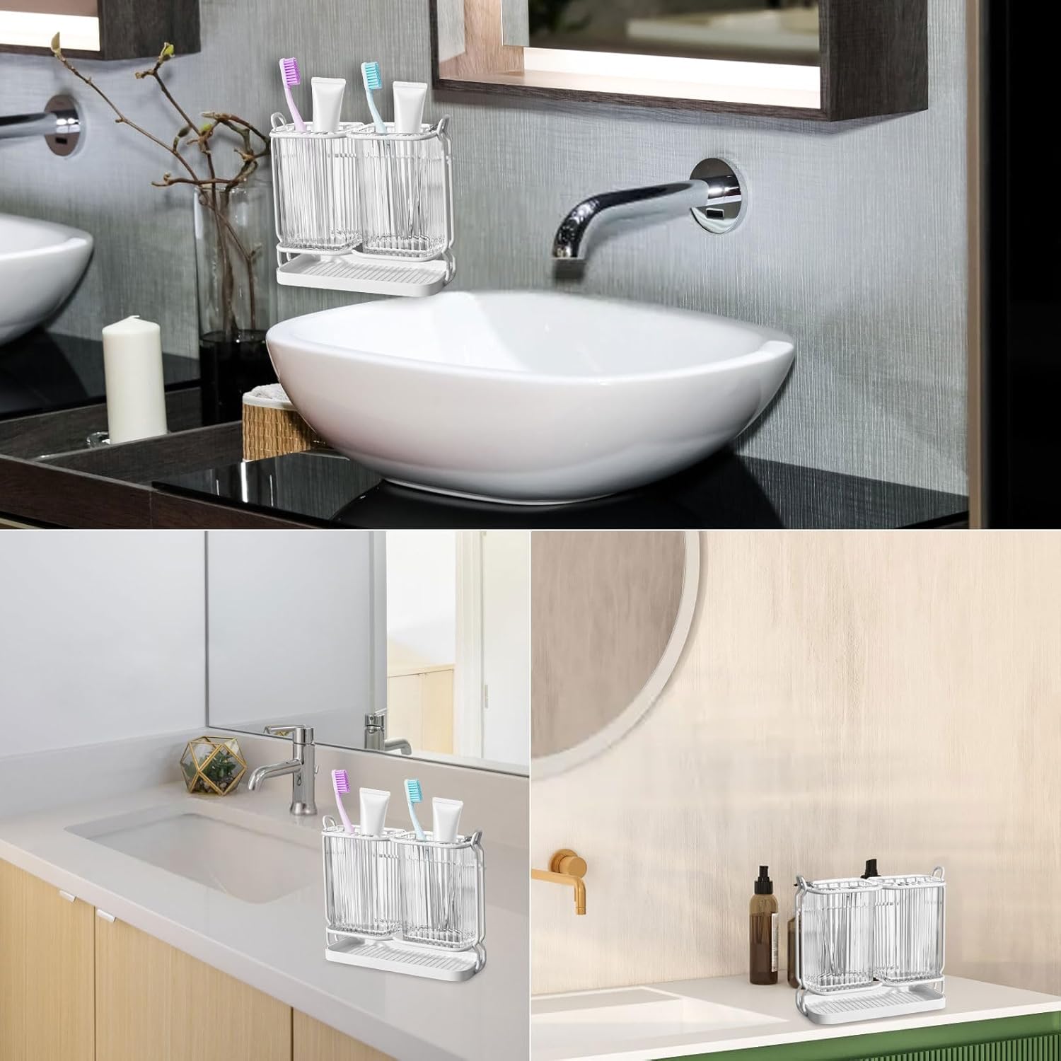 Versatile Aesthetic Wall-Mounted Toothbrush Holder Set for Family Kids White