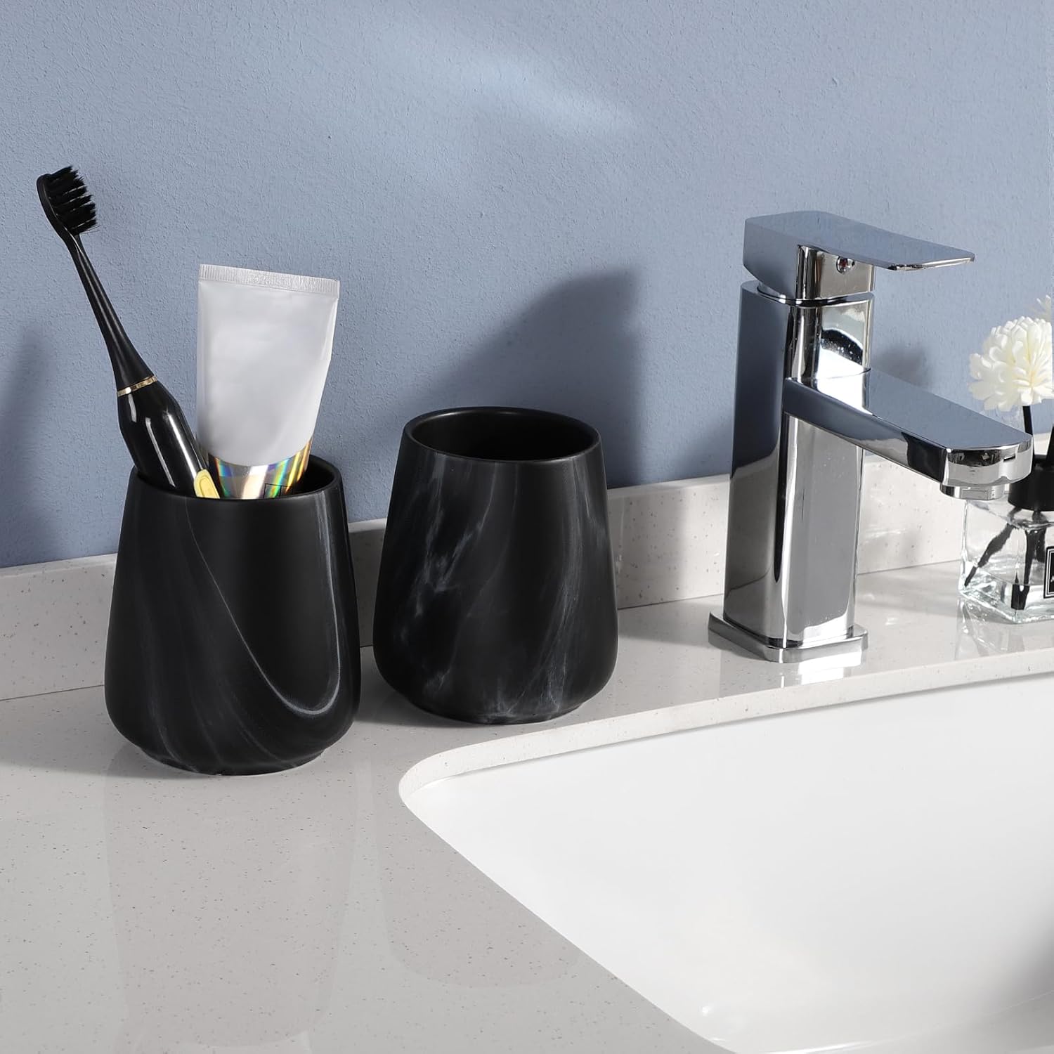 2Pcs Toothbrush Holder Set - Marble Black Ceramic