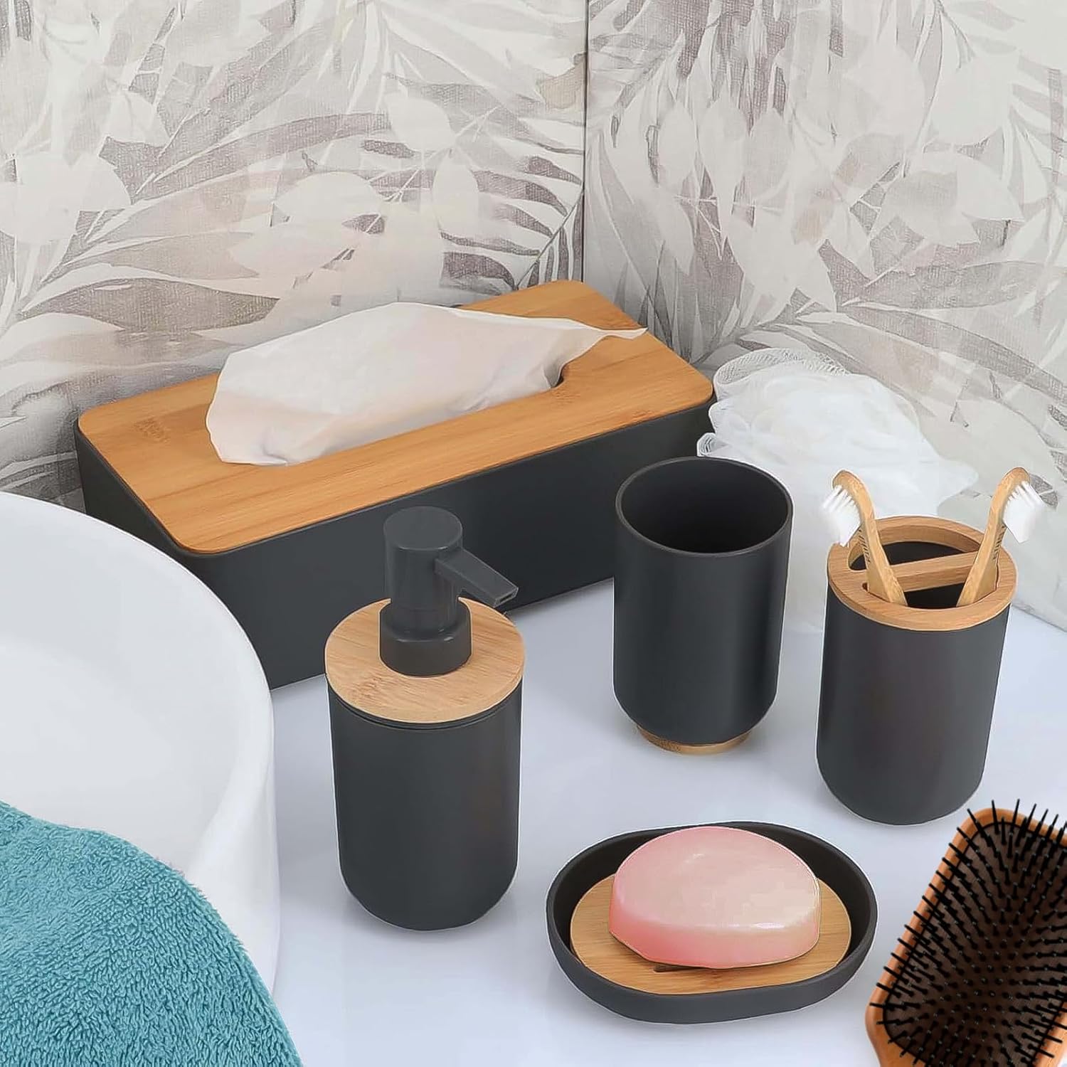 Round Wooden Toothbrush Holder Black Durable